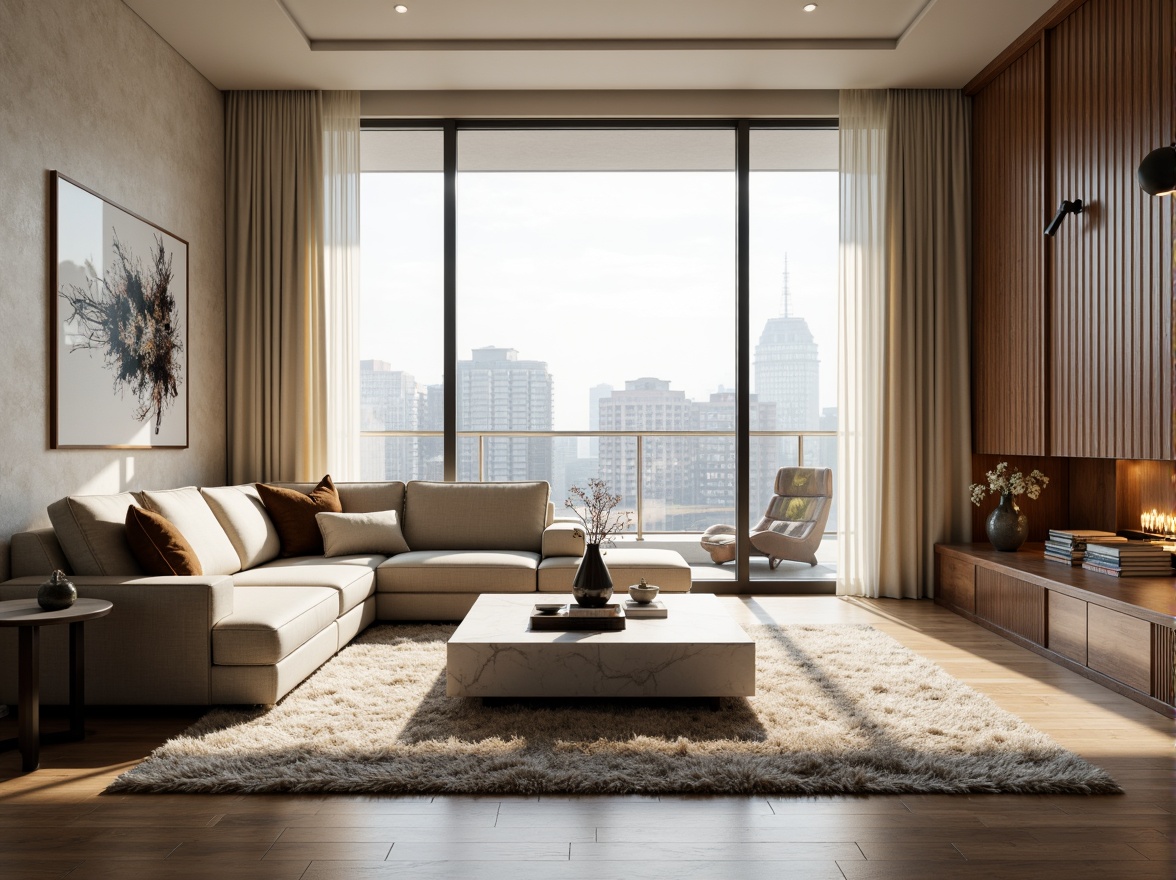 Prompt: Luxurious living room, plush area rug, comfortable sectional sofa, marble coffee table, floor-to-ceiling windows, natural light, urban city view, modern minimalist decor, abstract artwork, sleek metal lighting fixtures, warm beige walls, rich walnut wood accents, cozy reading nook, oversized pillows, soft cream-colored curtains, 1/1 composition, dramatic shadows, realistic textures.