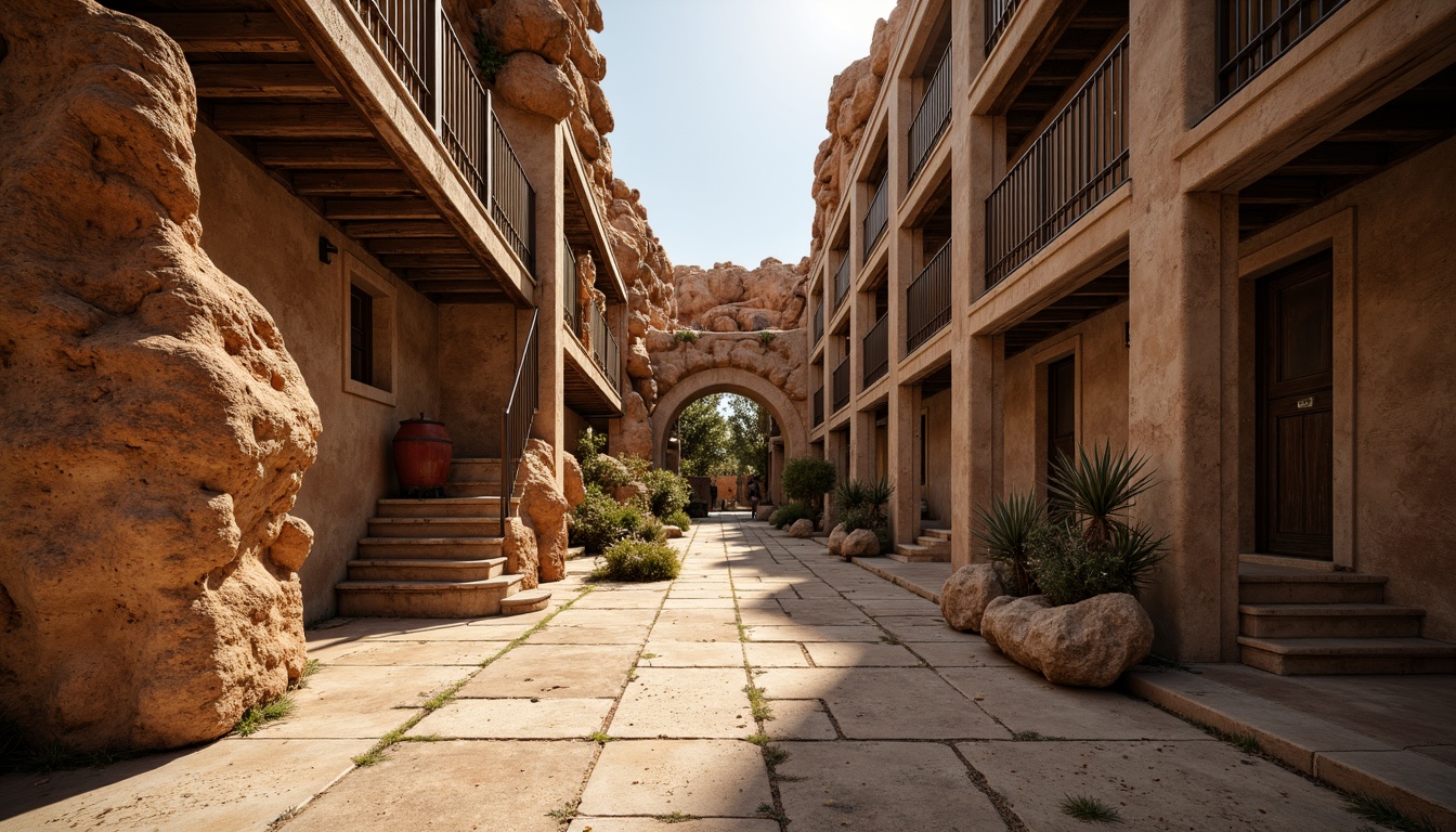 Prompt: Rustic canyon landscape, rocky formations, eroded cliffs, sandy terrain, weathered wooden accents, natural stone walls, earthy color palette, rough-hewn boulders, metallic beams, industrial-style railings, reclaimed wood flooring, distressed concrete textures, brutalist architecture, dramatic shadows, warm golden lighting, low-angle view, 2/3 composition, atmospheric perspective.