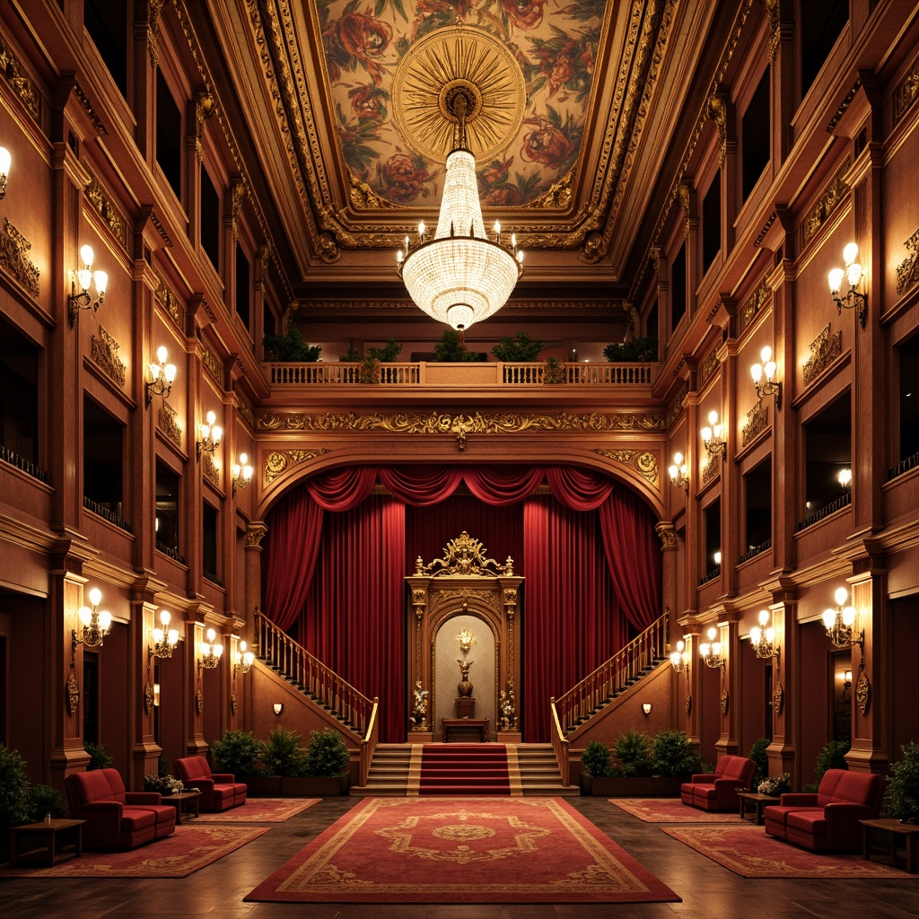 Prompt: Luxurious auditorium, renaissance style, ornate chandeliers, grand staircases, intricately carved wooden paneling, rich velvet drapes, golden accents, ornamental plasterwork, frescoed ceilings, crystal sconces, polished marble floors, luxurious carpets, regal red and gold color scheme, warm soft lighting, dramatic spotlighting, 1/1 composition, symmetrical layout, opulent furnishings, elegant lines, refined textures, subtle ambient occlusion.