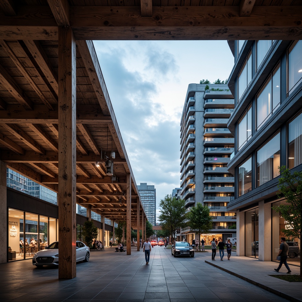 Prompt: Rustic wooden beams, industrial metal columns, sleek glass facades, minimalist steel frames, cantilevered roofs, exposed ductwork, polished concrete floors, modern urban landscape, vibrant city lights, cloudy afternoon sky, dramatic shadows, high contrast lighting, 1/1 composition, shallow depth of field, realistic textures, ambient occlusion.