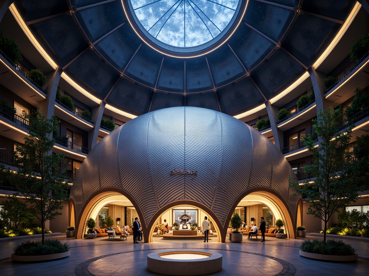 Prompt: Geometric planetarium dome, metallic silver cladding, zigzag patterns, chevron details, ornate decorations, luxurious golden accents, curved lines, futuristic astronomy equipment, starry night sky, ambient soft lighting, shallow depth of field, 1/1 composition, symmetrical view, realistic reflective surfaces, subtle ambient occlusion.