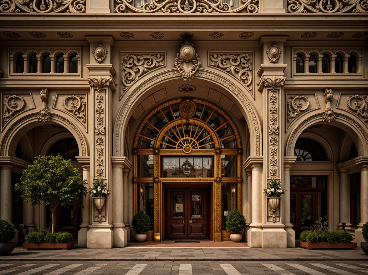 Prompt: Ornate commercial building, grandiose Baroque facade, intricately carved stone ornaments, sweeping arches, ornamental columns, gilded details, lavish decorations, imposing entrance, dramatic lighting, warm golden tones, rich textures, symmetrical composition, shallow depth of field, 1/1 aspect ratio, realistic materials, ambient occlusion.