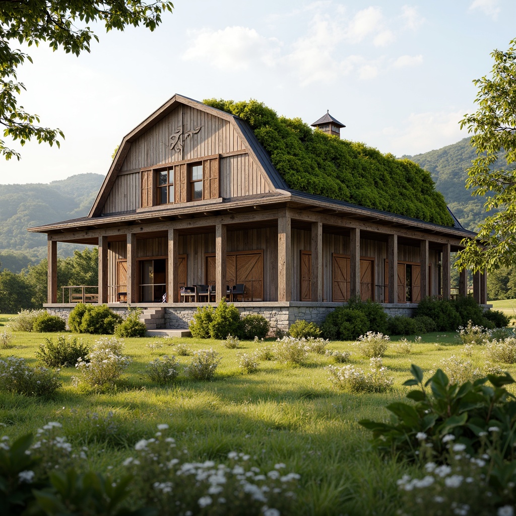 Prompt: Rustic barn, neoclassical facade, symmetrical columns, wooden accents, stone foundation, lush green meadow, wildflowers, rolling hills, serene countryside, warm sunny day, soft natural lighting, 1/2 composition, shallow depth of field, realistic textures, ambient occlusion, verdant rooftop garden, blooming vines, distressed wood doors, ornate metal hardware, earthy color palette, organic forms, harmonious balance, ecological harmony.