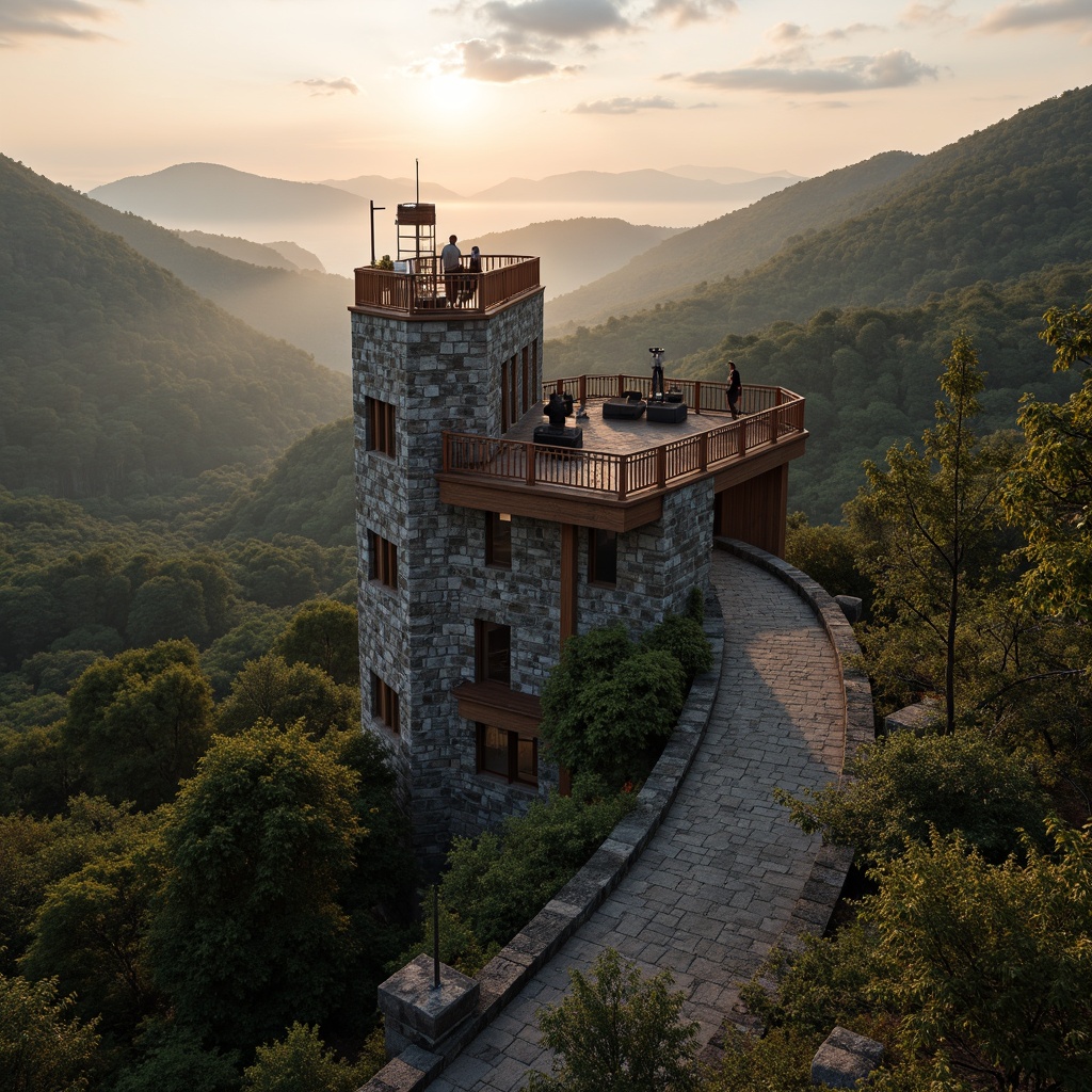 Prompt: Watchtower with panoramic views, rugged stone walls, wooden observation decks, winding stairs, telescopes, binoculars, scenic lookout points, surrounding forest landscape, misty mountains, lush greenery, rustic pathways, natural rock formations, dramatic sunsets, warm golden lighting, shallow depth of field, 1/2 composition, atmospheric perspective, realistic textures, ambient occlusion.