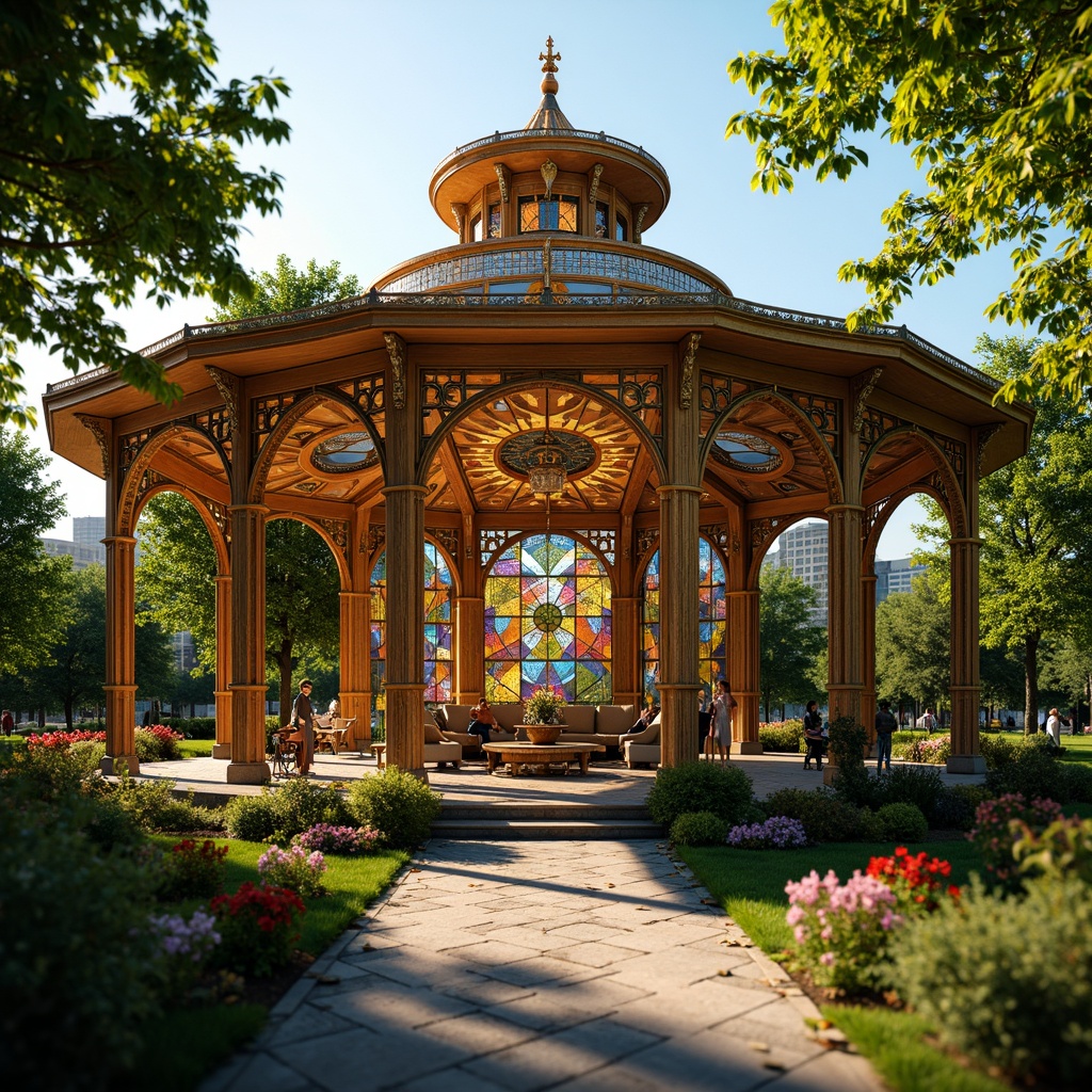 Prompt: Vibrant ornate pavilion, Art Nouveau style architecture, sinuous lines, flowing curves, organic forms, intricate metalwork, stained glass windows, colorful mosaics, iridescent tiles, warm golden lighting, soft diffused shadows, lush greenery surroundings, blooming flowers, tranquil atmosphere, shallow depth of field, 3/4 composition, realistic textures, ambient occlusion.