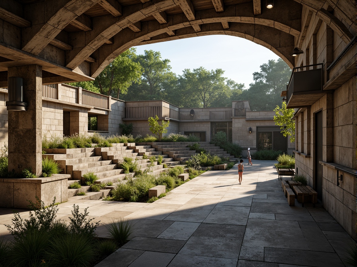 Prompt: Rugged stone amphitheater, brutalist architecture, natural light pouring in, dramatic shadows, concrete steps, weathered wooden benches, lush greenery surroundings, wildflowers, rustic metal railings, raw concrete walls, exposed ductwork, industrial-style lighting fixtures, warm afternoon sunlight, soft diffused illumination, high contrast ratio, 1/1 composition, symmetrical framing, realistic textures, ambient occlusion.