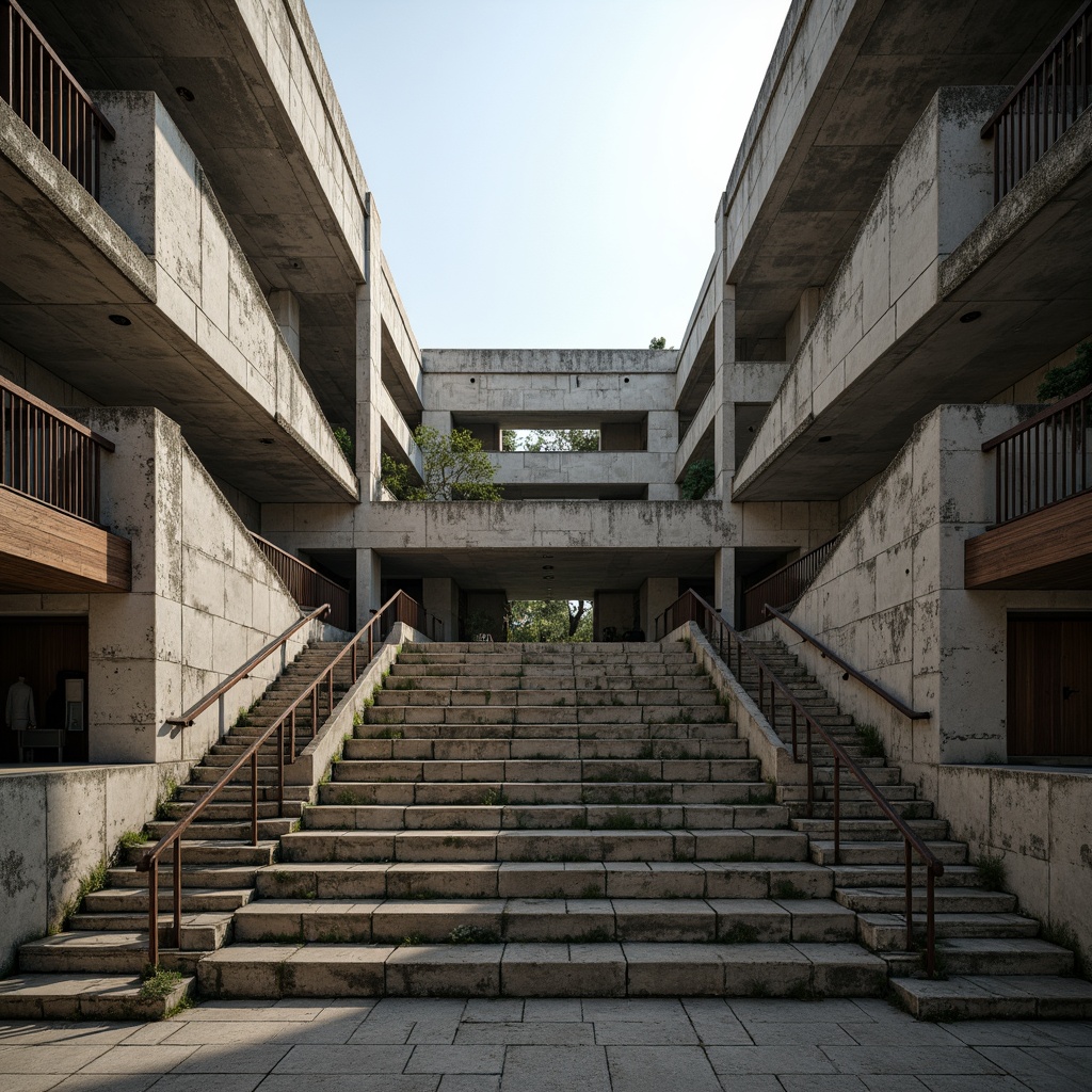 Prompt: Rugged amphitheater, brutalist architecture, exposed concrete structures, raw poured-in-place walls, dramatic cantilevered roofs, angular staircases, rugged stone steps, rustic metal handrails, industrial-style lighting fixtures, weathered wooden accents, bold geometric shapes, monumental scale, imposing fortress-like design, harsh natural light, deep shadows, cinematic atmosphere, symmetrical composition, low-angle shot, gritty textures, ambient occlusion.