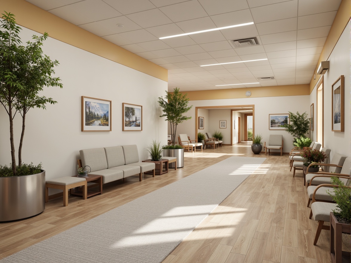 Prompt: Calming rehabilitation center interior, soothing color palette, natural wood accents, comfortable seating areas, wheelchair-accessible pathways, adaptive exercise equipment, physical therapy rooms, occupational therapy spaces, speech therapy booths, calming artwork, gentle lighting, non-slip flooring, ample storage spaces, modern medical facilities, private consultation rooms, peaceful waiting areas, ergonomic furniture, acoustic panels, noise-reducing materials, 1/1 composition, softbox lighting, realistic textures, subtle ambient occlusion.