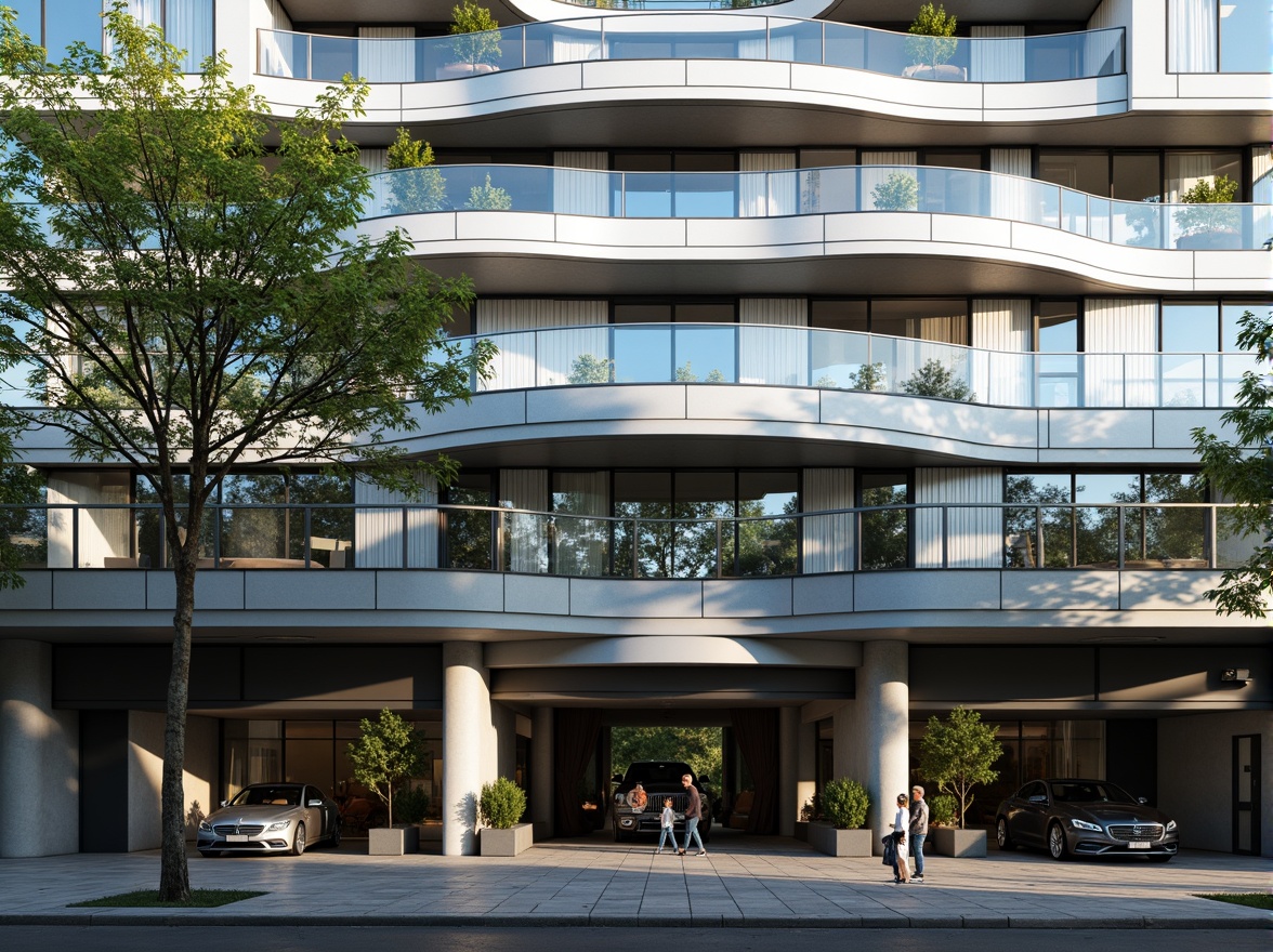 Prompt: Curved building facade, Art Deco inspirations, metallic materials, chrome accents, geometric patterns, horizontal lines, minimal ornamentation, rounded corners, cantilevered structures, large windows, sliding glass doors, open balconies, urban cityscape, morning sunlight, soft shadows, 1/1 composition, symmetrical framing, high contrast lighting, realistic reflections, ambient occlusion.