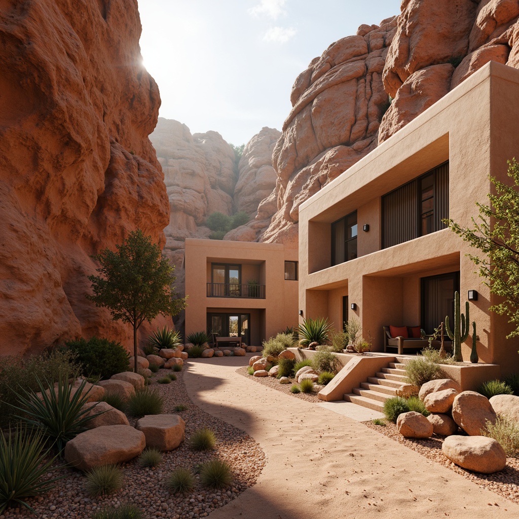 Prompt: Rugged canyon landscape, rocky formations, sandy terrain, rusty red rock walls, weathered wooden accents, earthy tone buildings, natural stone fa\u00e7ades, rough-hewn wood textures, distressed metal details, desert flora, cacti, succulents, warm golden lighting, soft shadows, atmospheric mist, 1/1 composition, symmetrical architecture, modern Southwestern style, adobe-inspired structures, curved lines, organic shapes, earthy color palette.