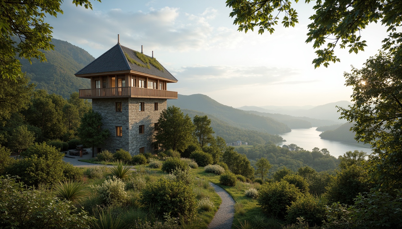 Prompt: Secluded watching tower, harmonious landscape integration, lush green roofs, native plant species, rustic stone walls, wooden accents, panoramic views, rolling hills, serene lakeside, misty mornings, soft warm lighting, atmospheric perspective, 1/2 composition, cinematic framing, realistic textures, ambient occlusion.