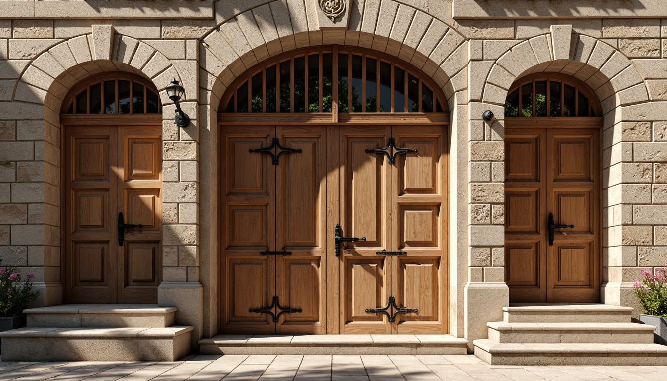 Prompt: Weathered stone facades, arched windows, ornate carvings, rusticated bases, grand entranceways, heavy wooden doors, iron hinges, decorative metalwork, ornamental stonework, asymmetrical compositions, earthy color palette, natural textures, soft warm lighting, shallow depth of field, 3/4 composition, panoramic view, realistic textures, ambient occlusion.