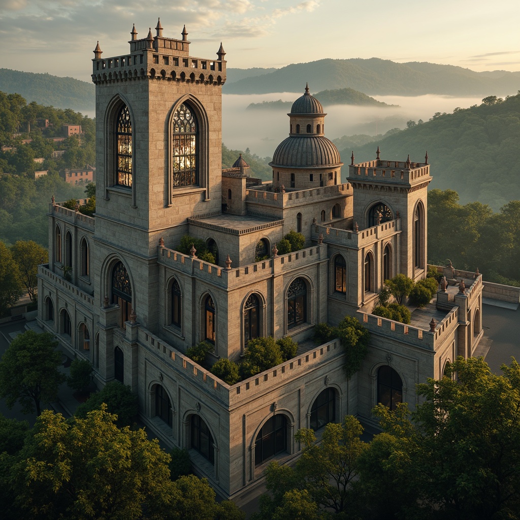 Prompt: Majestic towers, medieval architecture, intricate stone carvings, grandiose archways, mystical stained glass windows, ornate ironwork, lush ivy climbers, rolling hills, misty atmosphere, warm golden lighting, dramatic cloudy skies, 1/2 composition, cinematic view, rich textures, detailed normal maps.