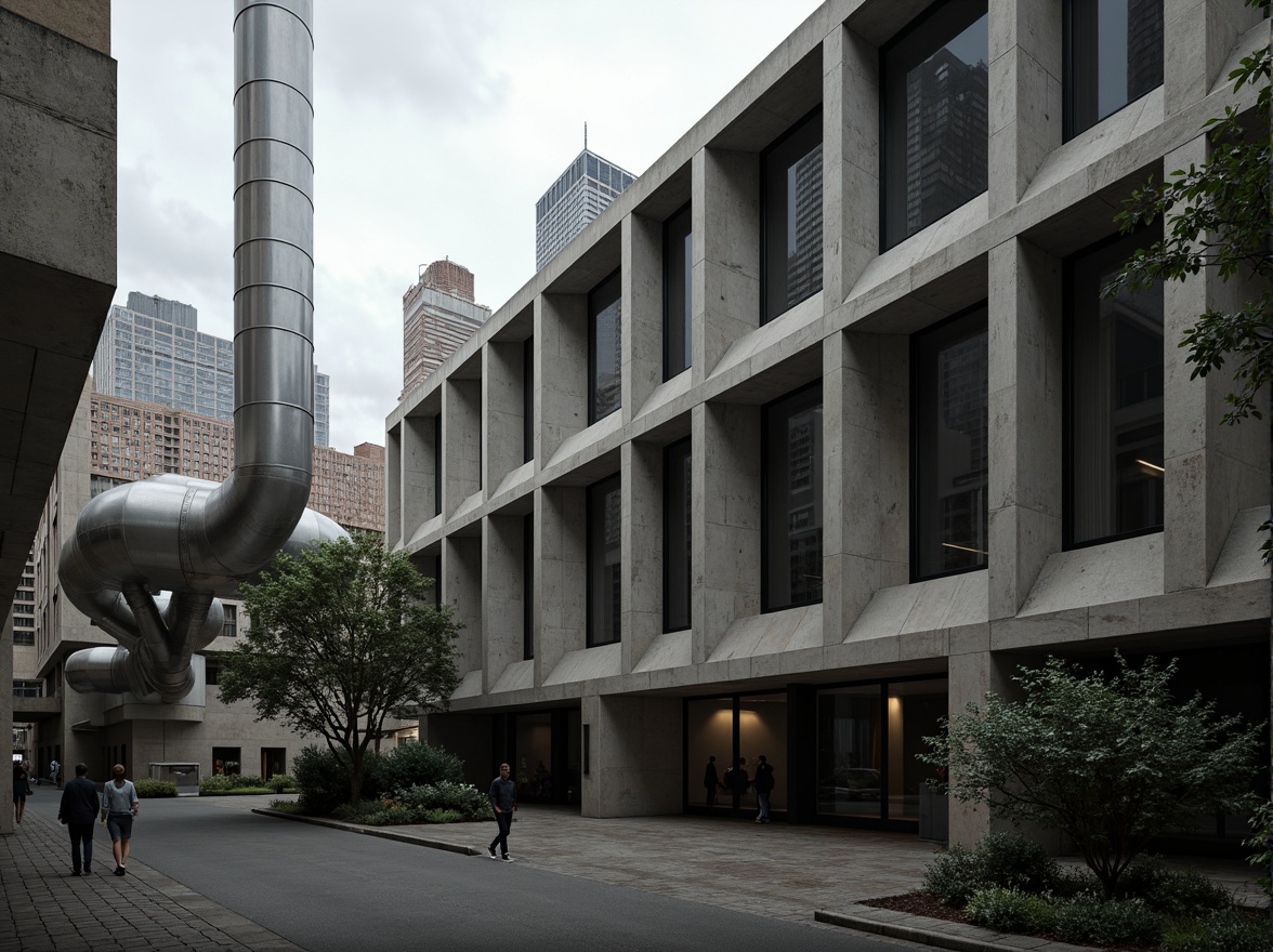 Prompt: Brutalist concrete fa\u00e7ade, exposed ductwork, industrial pipes, raw steel beams, minimalist windows, angular geometric shapes, bold cantilevered structures, rugged stonework, monumental scale, urban cityscape, overcast sky, dramatic shadow play, high-contrast lighting, abstract composition, 2/3 rule, moody atmospheric mood, rich textures, subtle color palette.