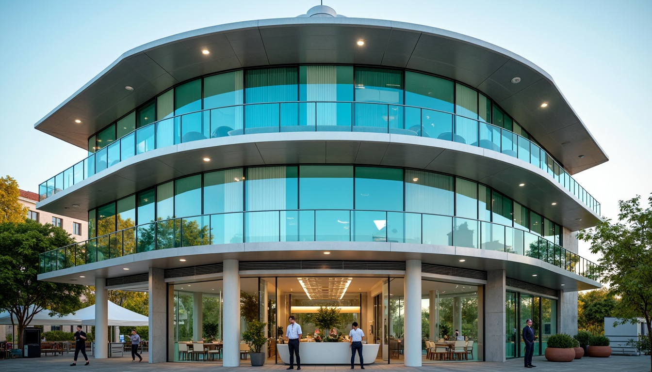 Prompt: Curved building facade, horizontal lines, rounded corners, metallic materials, silver chrome accents, large windows, sliding glass doors, minimalist ornamentation, Art Deco influences, nautical themes, ocean-inspired color palette, blue-green hues, sunny day, soft warm lighting, shallow depth of field, 3/4 composition, panoramic view, realistic textures, ambient occlusion.