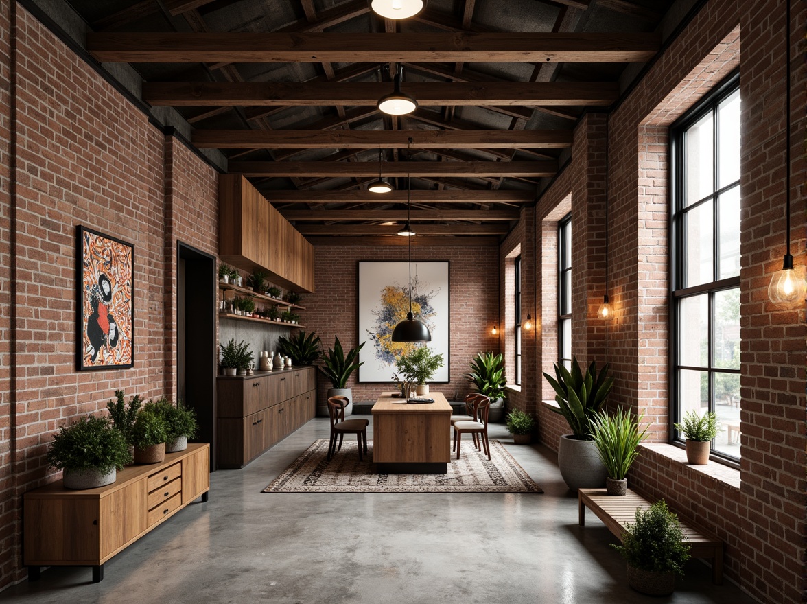 Prompt: Industrial chic interior, exposed brick walls, polished concrete floors, metal beams, wooden accents, urban loft atmosphere, eclectic decorative lighting, reclaimed wood furniture, abstract artwork, geometric patterns, modern minimalism, natural materials, earthy color palette, warm ambient lighting, shallow depth of field, 1/2 composition, realistic textures, ambient occlusion.