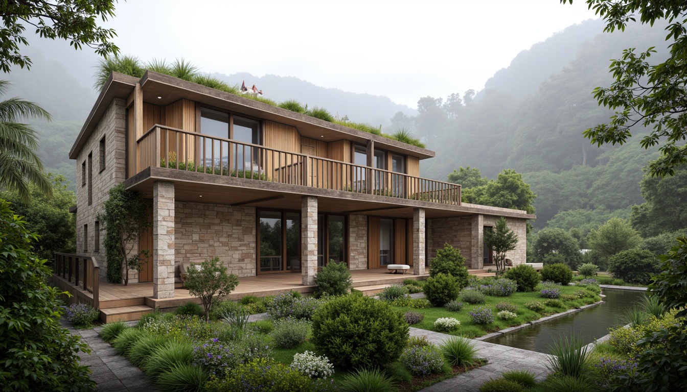 Prompt: Eco-friendly building, reclaimed wood accents, natural stone walls, bamboo flooring, living green roofs, solar panels, rainwater harvesting systems, large windows, minimal ornamentation, organic shapes, earthy color palette, lush vegetation, misty morning atmosphere, soft diffused lighting, shallow depth of field, 2/3 composition, realistic textures, ambient occlusion.