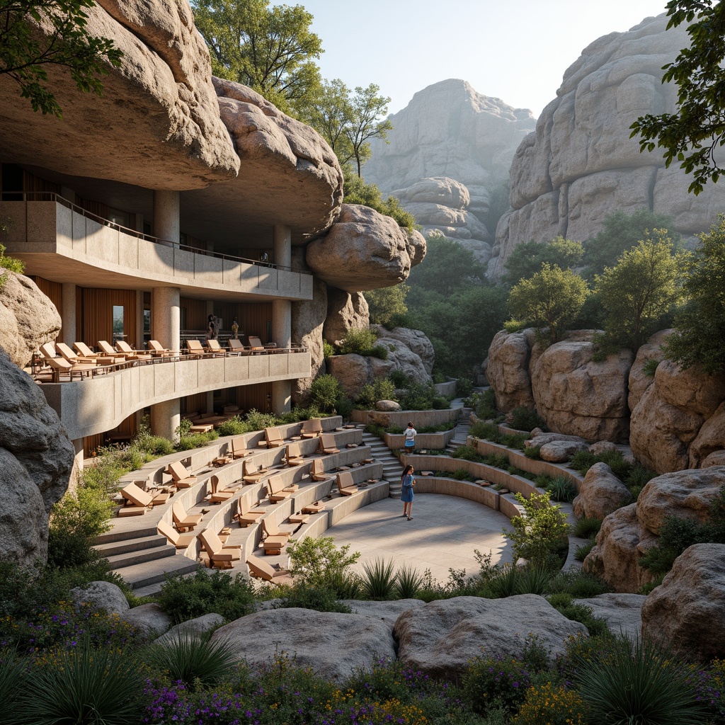 Prompt: Rugged natural landscape, rocky outcrops, native wildflowers, weathered stone walls, brutalist concrete architecture, amphitheater seating, stepped terraces, monumental scale, dramatic shadows, warm earthy tones, rough-hewn textures, organic forms, harmonious integration, natural ventilation, abundant daylight, soft diffused lighting, atmospheric perspective, cinematic composition, rich geological details.