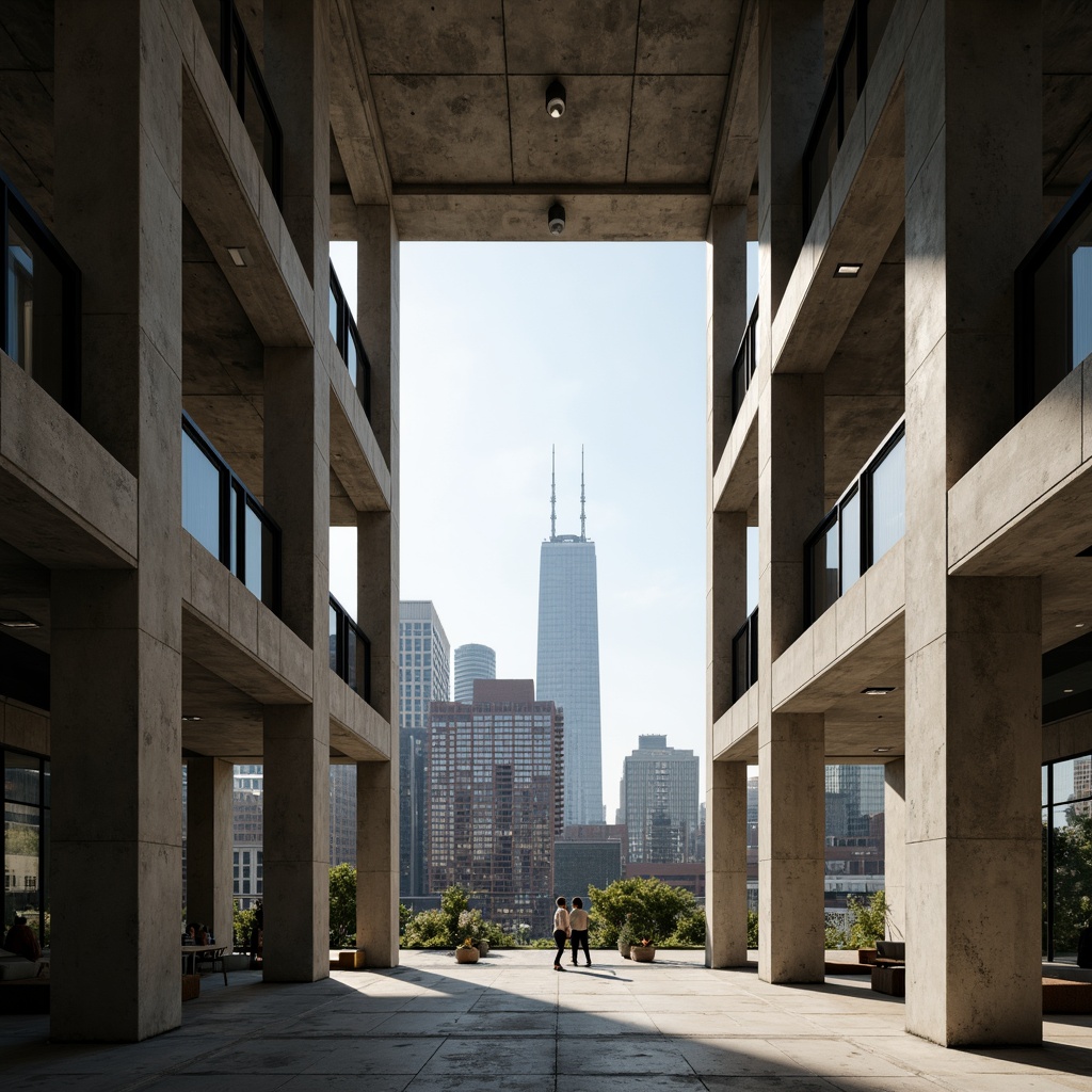 Prompt: Exposed concrete columns, brutalist architecture, industrial chic aesthetic, urban cityscape, dense metropolitan area, abstract geometric patterns, raw unfinished textures, bold structural elements, cantilevered floors, open floor plans, minimalist interior design, neutral color palette, natural light pouring in, dramatic shadows, high-contrast lighting, cinematic atmosphere, 1-point perspective composition, symmetrical framing, deep depth of field, realistic material rendering.