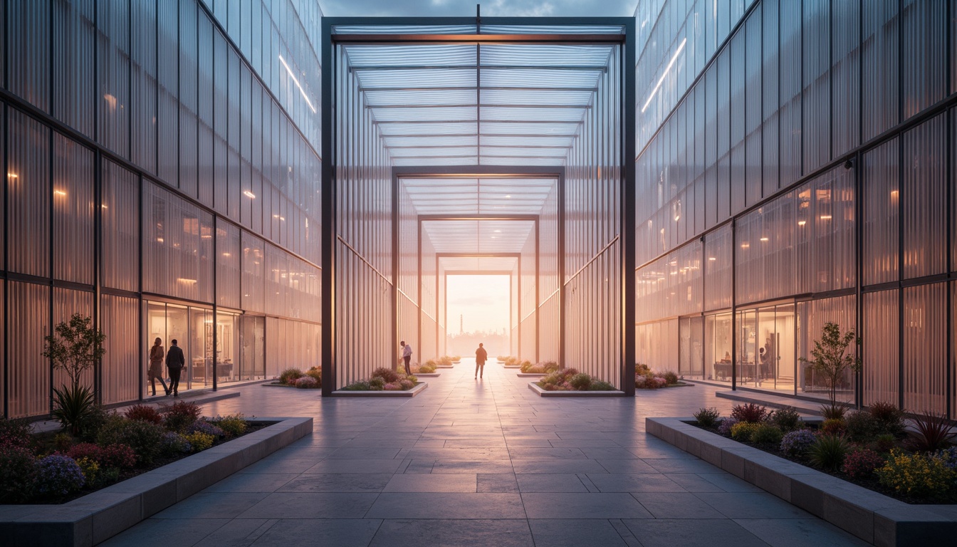 Prompt: Ethereal entrance, iridescent glass facade, luminous LED lights, crystalline structures, misty atmosphere, soft warm glow, shallow depth of field, 1/1 composition, panoramic view, realistic reflections, ambient occlusion, delicate metal frames, slender columns, minimalist design, futuristic architecture, serene ambiance, warm natural light, subtle color palette.