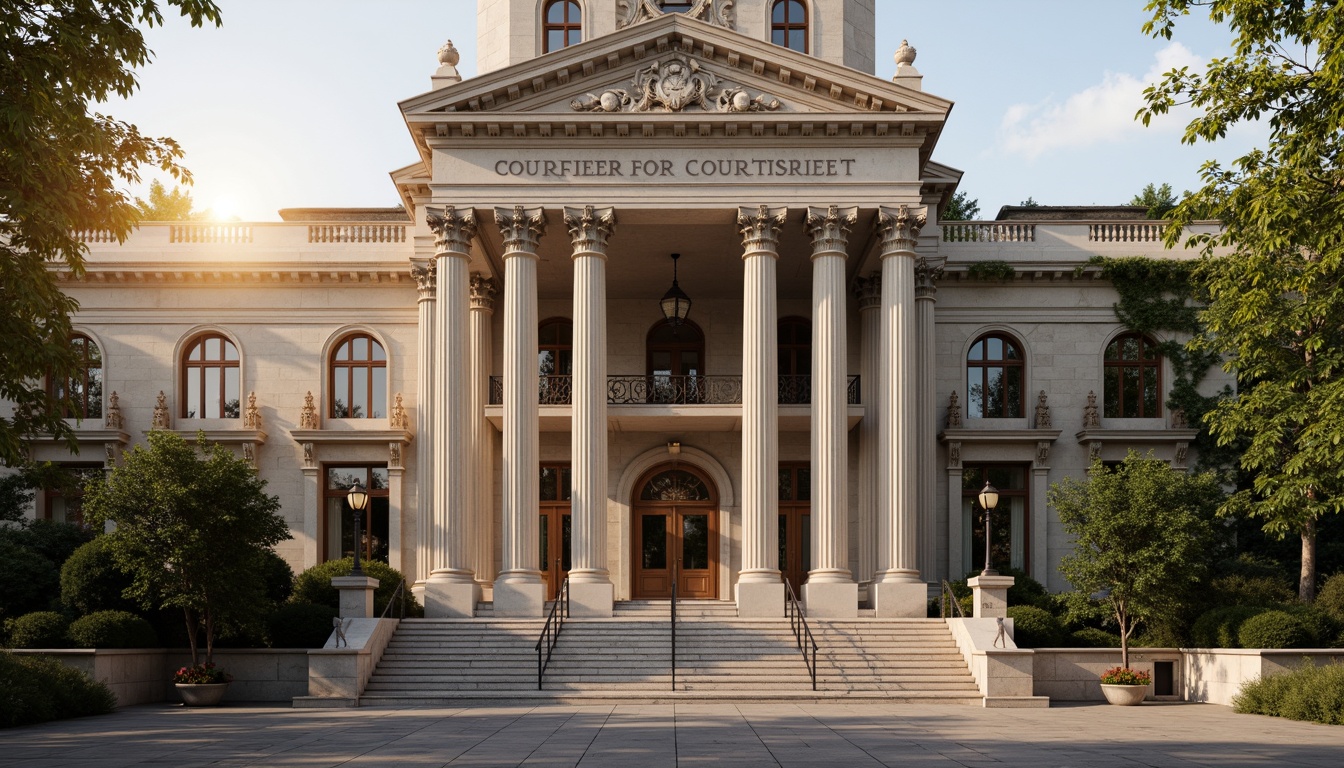 Prompt: Grandiose courthouse facade, Corinthian columns, ornate carvings, intricate stonework, symmetrical composition, grand entrance stairs, bronze door handles, classical pediment, clock tower, weathered stone walls, ivy crawling, vintage lanterns, warm golden lighting, soft morning sun, shallow depth of field, 1/2 composition, realistic textures, ambient occlusion.