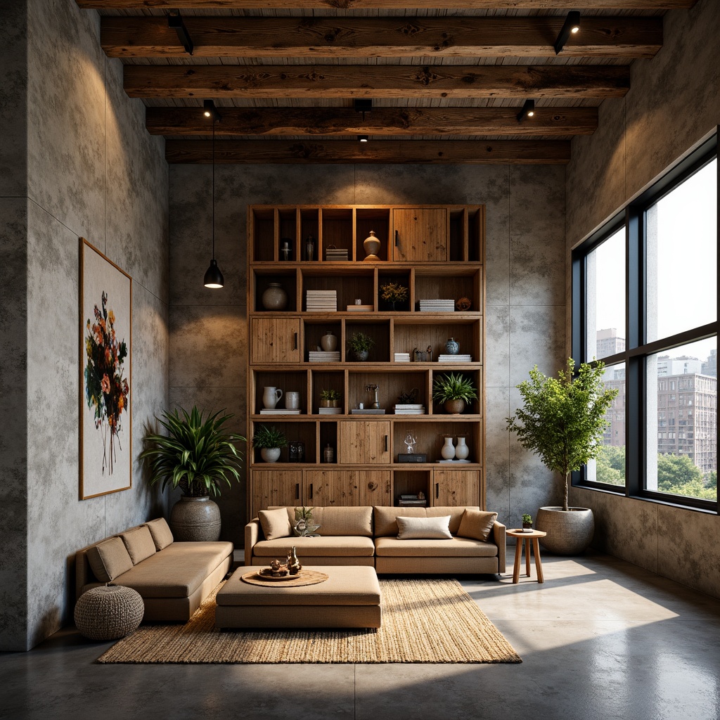 Prompt: Rustic wooden accents, distressed metal finishes, rough-hewn stone walls, tactile concrete textures, organic natural materials, earthy color palette, industrial chic aesthetic, urban loft atmosphere, reclaimed wood furniture, vintage decorative elements, warm ambient lighting, shallow depth of field, 2/3 composition, realistic renderings, subtle normal mapping.