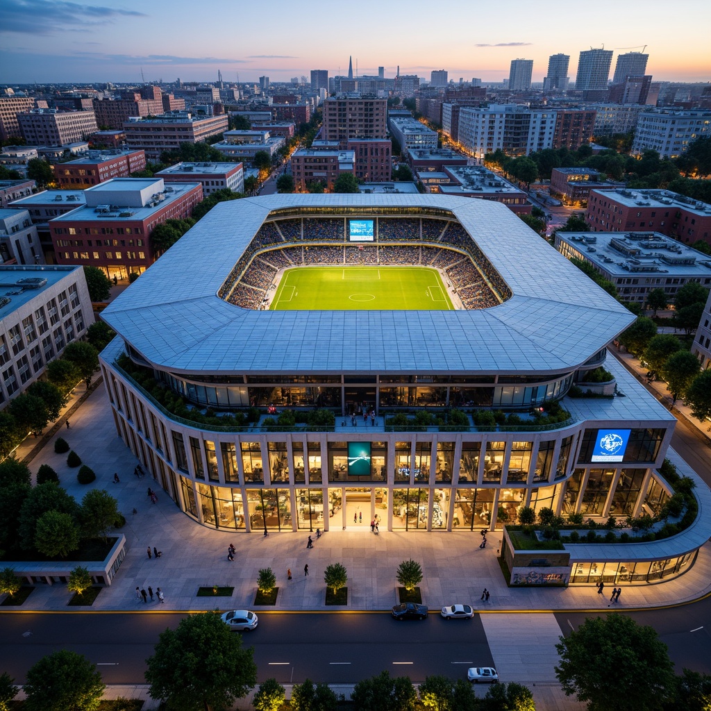 Prompt: Urban soccer stadium, integrated cityscape, modern architecture, green roofs, solar panels, sustainable design, vibrant street art, bustling streets, urban plaza, public transportation hub, pedestrian-friendly access, dynamic LED lighting, futuristic scoreboards, sleek metal structures, transparent glass fa\u00e7ades, open-air concourses, city skyline views, warm evening ambiance, soft focus blur, shallow depth of field, 1/2 composition, realistic textures, ambient occlusion.