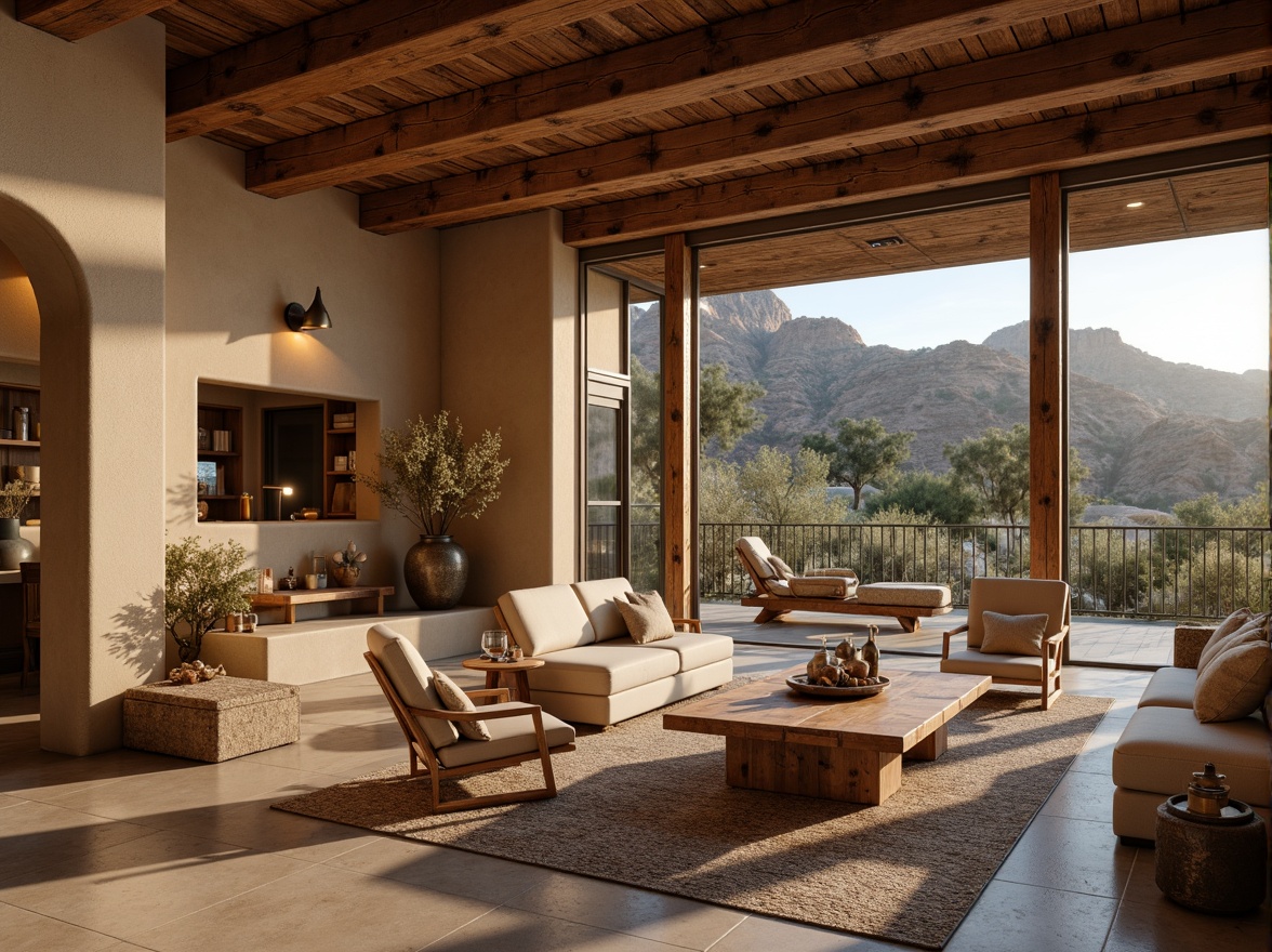 Prompt: \Earth-toned canyon buildings, organic shapes, natural stone walls, wooden accents, rustic metal fixtures, spacious open-plan living areas, floor-to-ceiling windows, sliding glass doors, panoramic views of canyon landscapes, minimalist furniture, earthy color palette, woven textiles, natural fiber rugs, ambient warm lighting, cozy reading nooks, built-in shelving, rustic wood ceiling beams, industrial-chic decor, modern southwestern flair, 3/4 composition, shallow depth of field, realistic textures, soft warm lighting.\