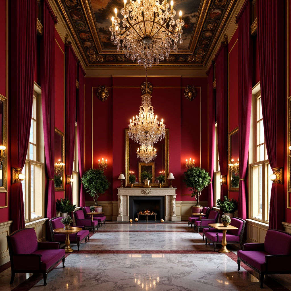 Prompt: Rich velvet drapes, ornate gold accents, dramatic chandeliers, grandiose mirrors, luxurious marble floors, bold red walls, regal purple upholstery, lavish crystal fixtures, opulent fresco ceilings, intense warm lighting, high-contrast shadows, 1/1 composition, detailed textures, realistic reflections, cinematic ambiance.