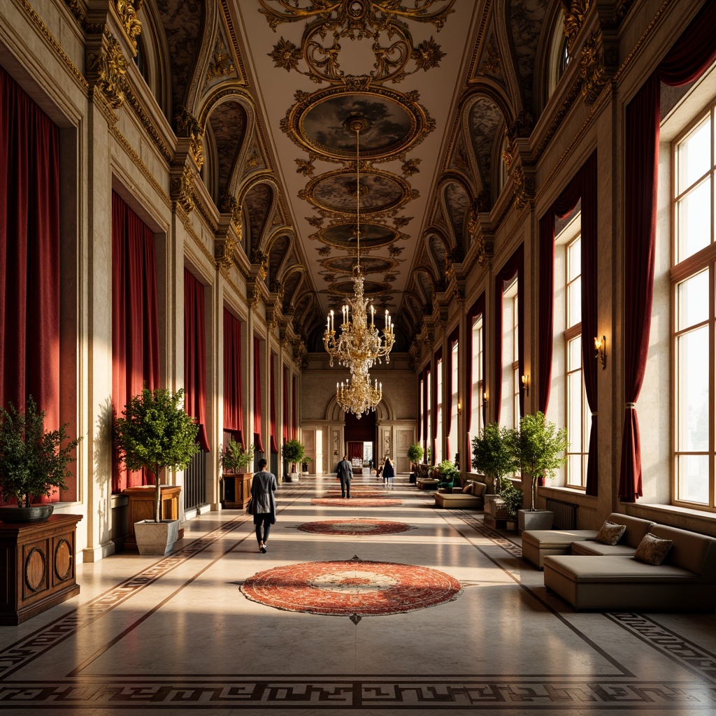 Prompt: Ornate Baroque palace, intricately carved stone facades, gilded ornamental details, lavish velvet drapes, polished marble floors, richly patterned rugs, ornate wooden furnishings, grandiose chandeliers, warm golden lighting, dramatic shadowing, 1/1 composition, shallow depth of field, realistic textures, ambient occlusion.