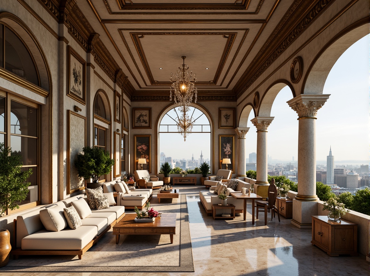 Prompt: Luxurious penthouse, Romanesque architecture, grandiose high ceilings, ornate moldings, marble floors, crystal chandeliers, lavish furnishings, velvet drapes, golden accents, sleek modern appliances, spacious open-plan living area, floor-to-ceiling windows, breathtaking city views, private rooftop garden, lush greenery, vibrant flowers, soft warm lighting, shallow depth of field, 3/4 composition, panoramic view, realistic textures, ambient occlusion.