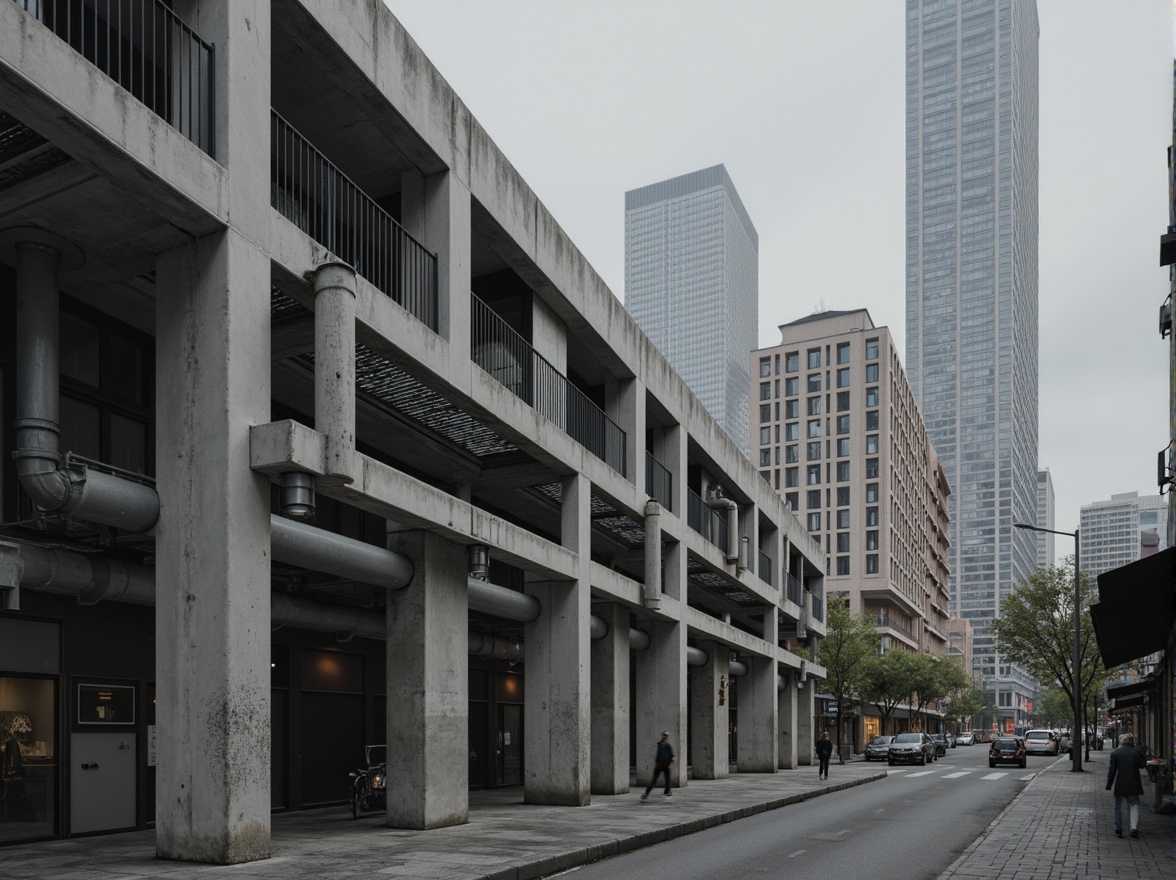 Prompt: Brutalist concrete facade, exposed ductwork, industrial pipes, raw steel beams, minimalist ornamentation, clean lines, rectangular forms, functional simplicity, urban context, cityscape background, overcast sky, dramatic shadows, low-key lighting, 1/2 composition, cinematic atmosphere, gritty textures, realistic wear and tear.