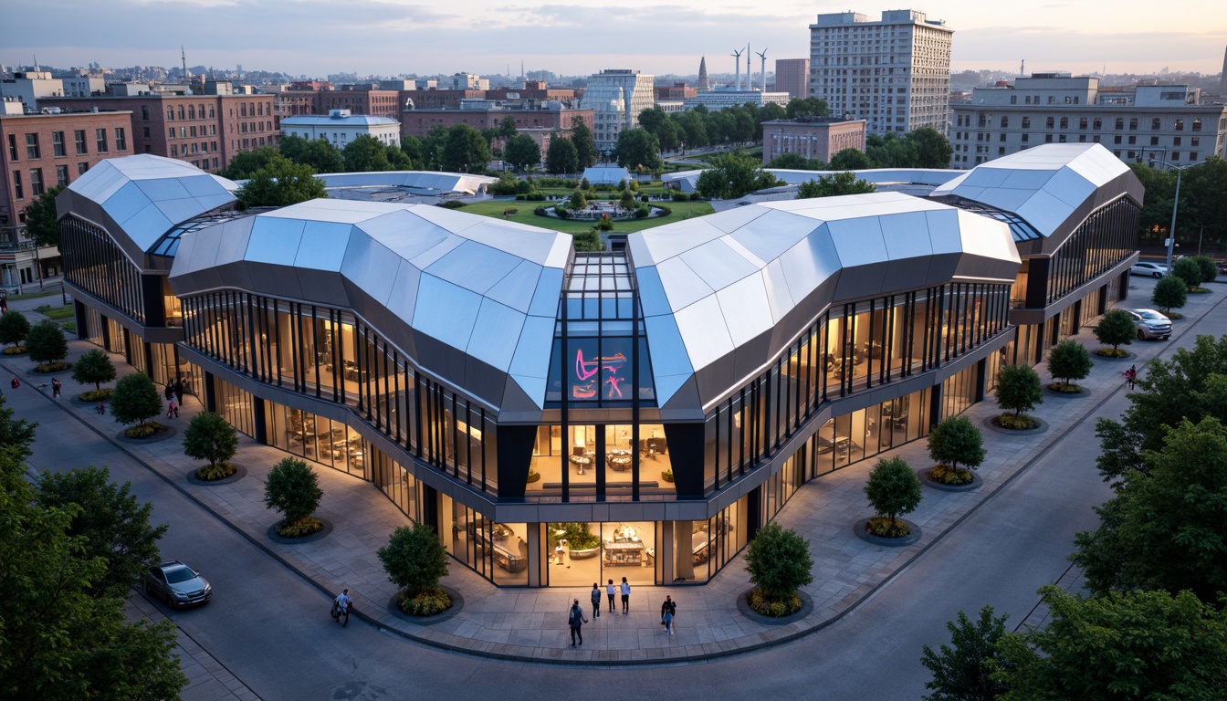 Prompt: Futuristic tram station, curved blob-like structure, metallic silver exterior, glowing neon lights, urban cityscape, bustling streets, pedestrian pathways, green roofs, eco-friendly design, sustainable energy systems, solar panels, wind turbines, modern architecture, angular lines, minimalist interior, sleek glass surfaces, vibrant colorful accents, intricate geometric patterns, shallow depth of field, 3/4 composition, panoramic view, realistic textures, ambient occlusion.