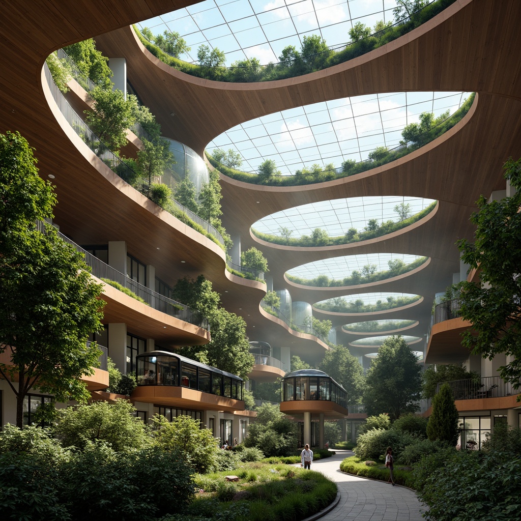 Prompt: Curved tram station, organic shapes, flowing lines, natural materials, wooden accents, earthy tones, moss-covered walls, futuristic Blobitecture, iridescent glass surfaces, undulating roofs, sinuous staircases, soft diffused lighting, shallow depth of field, 1/1 composition, atmospheric mist, vibrant greenery, urban oasis, tranquil ambiance, innovative structural systems, parametric design, algorithmic patterns.