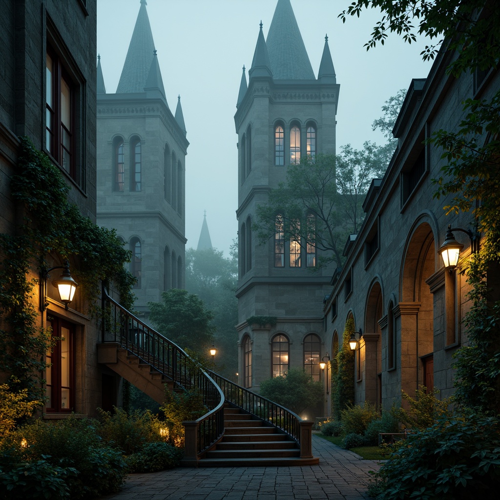 Prompt: Dramatic Gothic towers, mystical misty atmosphere, winding stone staircases, ornate ironwork railings, grandiose archways, stained glass windows, mysterious lanterns, lush ivy climbing walls, ancient crumbling stones, overgrown vegetation, eerie twilight lighting, foggy veil, atmospheric perspective, 1/1 composition, symmetrical framing, warm golden hour light, cinematic depth of field, intricate architectural details.