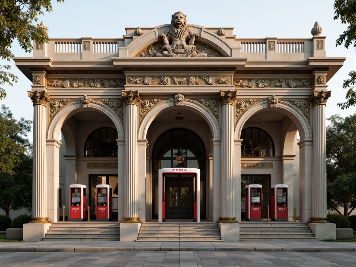 Prompt: Grandiose charging station facade, neoclassical architecture, ornate columns, intricate carvings, symmetrical composition, limestone walls, bronze accents, grand entrance archways, regal lion statues, ornamental cornices, lavish moldings, soft warm lighting, shallow depth of field, 3/4 composition, panoramic view, realistic textures, ambient occlusion.