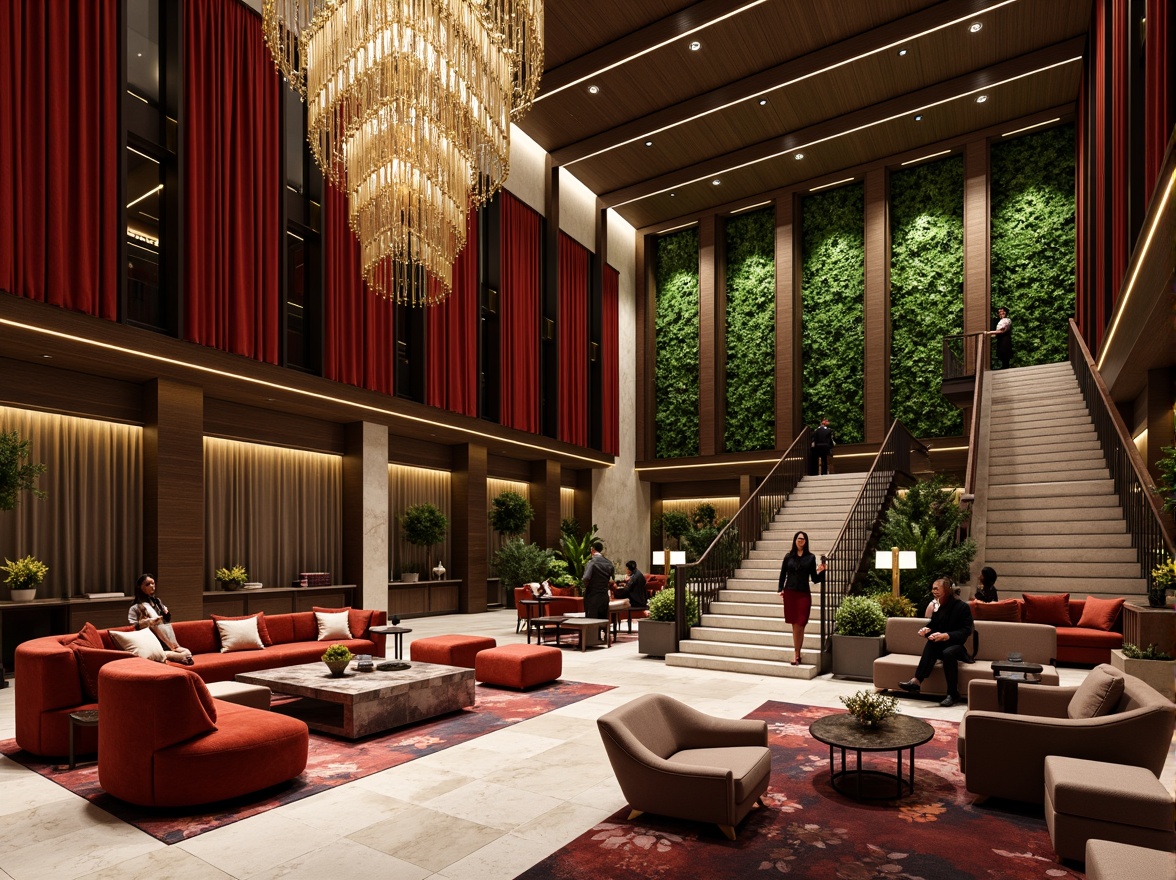 Prompt: Luxurious hotel lobby, high-contrast color scheme, bold geometric patterns, rich velvet fabrics, metallic accents, grand chandeliers, sleek modern furniture, dramatic staircase, opulent marble floors, vibrant greenery walls, natural stone columns, warm ambient lighting, shallow depth of field, 1/2 composition, cinematic atmosphere, realistic textures, ambient occlusion.