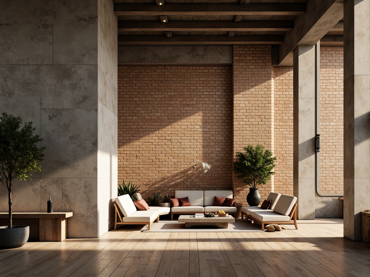 Prompt: Rustic textured walls, earthy color palette, rough-hewn concrete blocks, natural stone accents, industrial chic aesthetic, minimalist decor, modern urban loft, sleek metal beams, polished wooden floors, soft warm lighting, shallow depth of field, 3/4 composition, realistic textures, ambient occlusion.