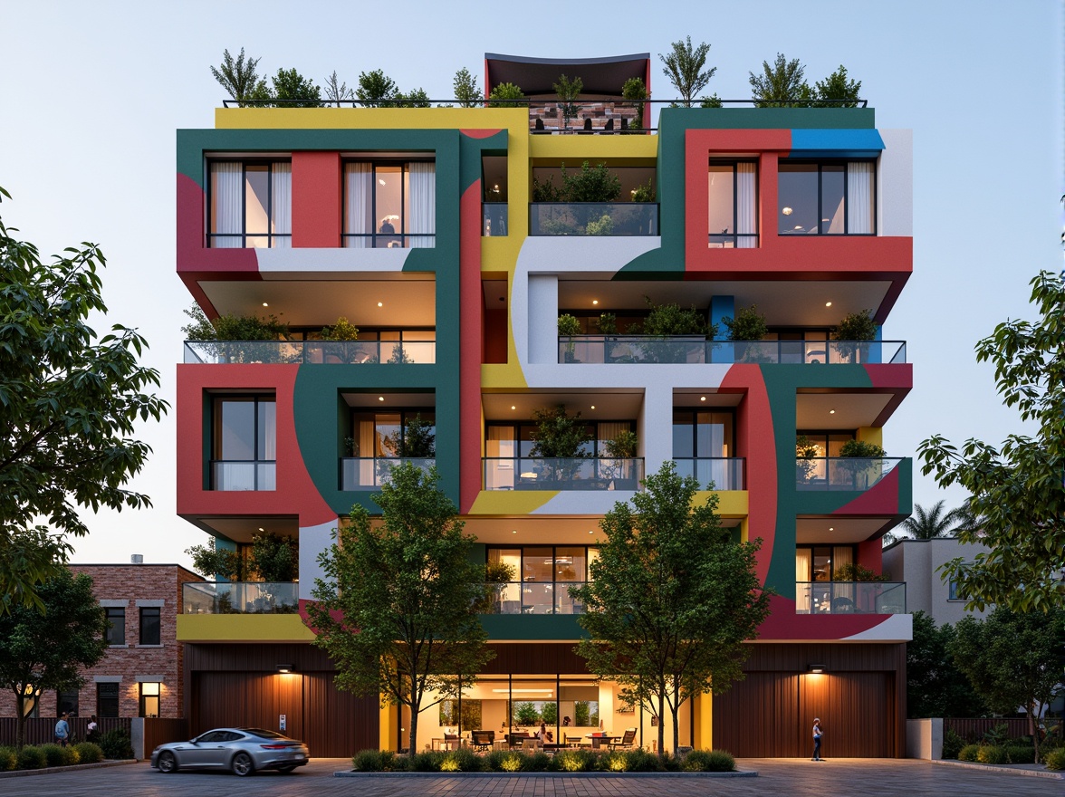 Prompt: Vibrant residential facade, eclectic mix of materials, bold color blocking, irregular shapes, cantilevered volumes, green roofs, urban oasis, experimental architecture, futuristic details, metallic accents, dynamic lighting effects, abstract patterns, intricate textures, 3D modeling, conceptual sketches, atmospheric perspective, cinematic composition, warm golden hour, shallow depth of field, ambient occlusion.