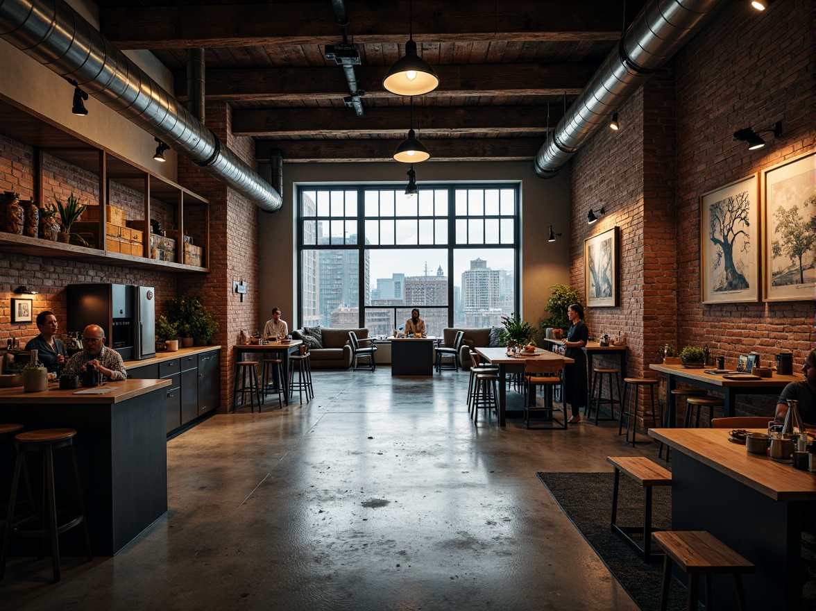 Prompt: Rustic industrial complex, exposed brick walls, metal beam ceilings, reclaimed wood accents, polished concrete floors, industrial-style lighting fixtures, functional pipes and ducts, mechanical equipment displays, urban cityscape backdrop, moody overcast sky, dramatic high-contrast lighting, shallow depth of field, 2/3 composition, gritty realistic textures, atmospheric fog effects.