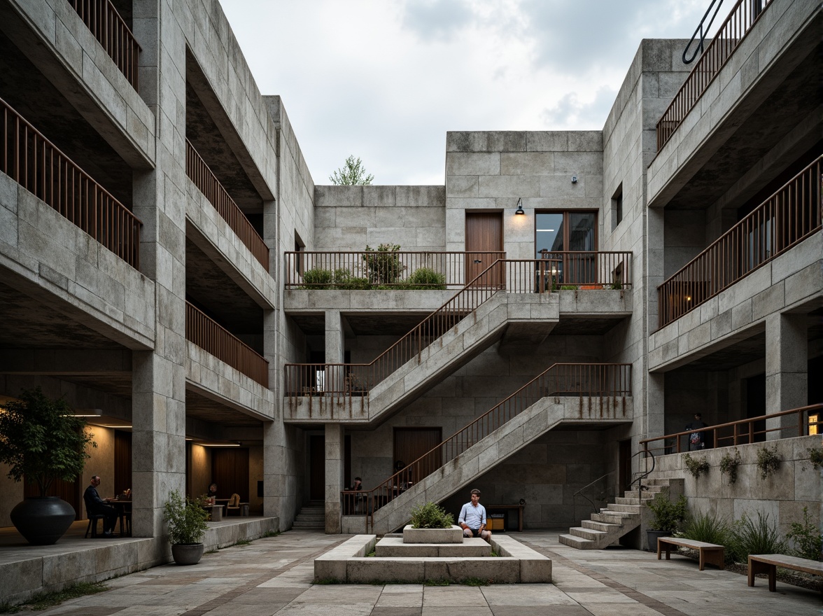 Prompt: Rugged concrete amphitheater, brutalist architecture style, raw exposed ductwork, industrial pipe fittings, chunky stone walls, bold geometric shapes, cantilevered staircases, angular balconies, weathered steel beams, poured concrete floors, rough-hewn wooden accents, dramatic overhead lighting, high-contrast shadows, cinematic composition, gritty urban surroundings, overcast skies, moody atmospheric effects.