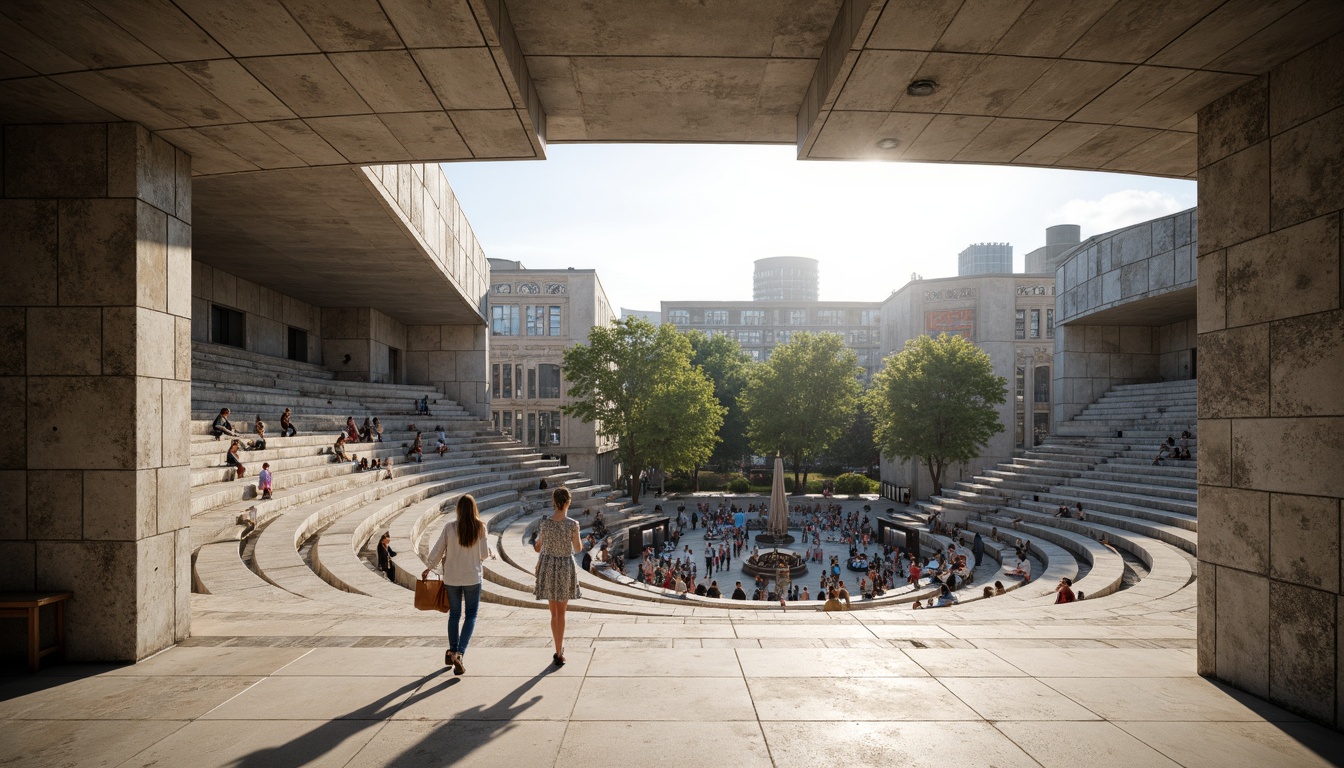 Prompt: Granular concrete amphitheater, brutalist architecture, rugged stone walls, stepped seating areas, open-air performance spaces, natural light pouring in, dramatic shadows, angular lines, minimalist aesthetic, industrial materials, exposed ductwork, raw concrete floors, urban landscape views, vibrant street art, eclectic crowd, warm sunny day, soft diffused lighting, shallow depth of field, 2/3 composition, symmetrical framing, realistic textures, ambient occlusion.