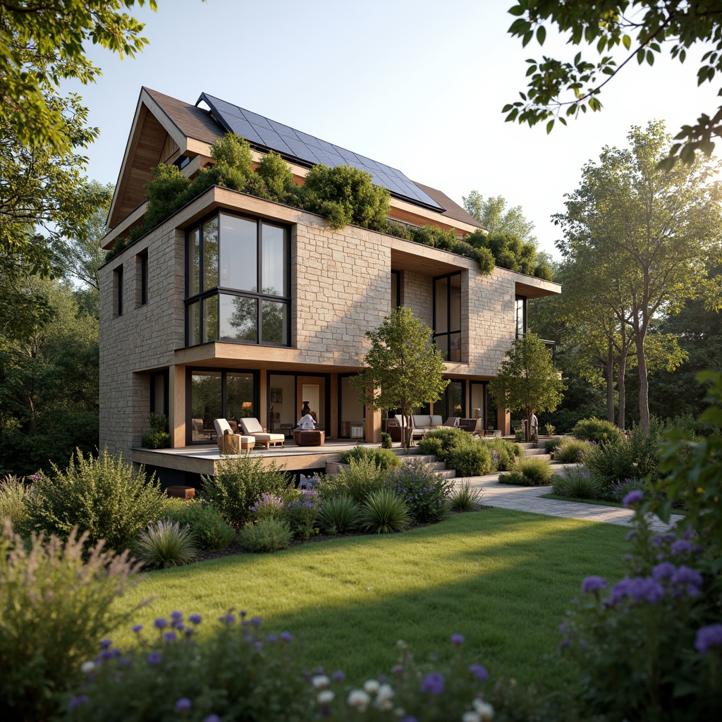 Prompt: Eco-friendly residential building, natural stone fa\u00e7ade, reclaimed wood accents, bamboo flooring, living green walls, energy-efficient windows, solar panels, rainwater harvesting system, organic gardens, wildflower meadow, serene forest surroundings, soft warm lighting, shallow depth of field, 3/4 composition, panoramic view, realistic textures, ambient occlusion.