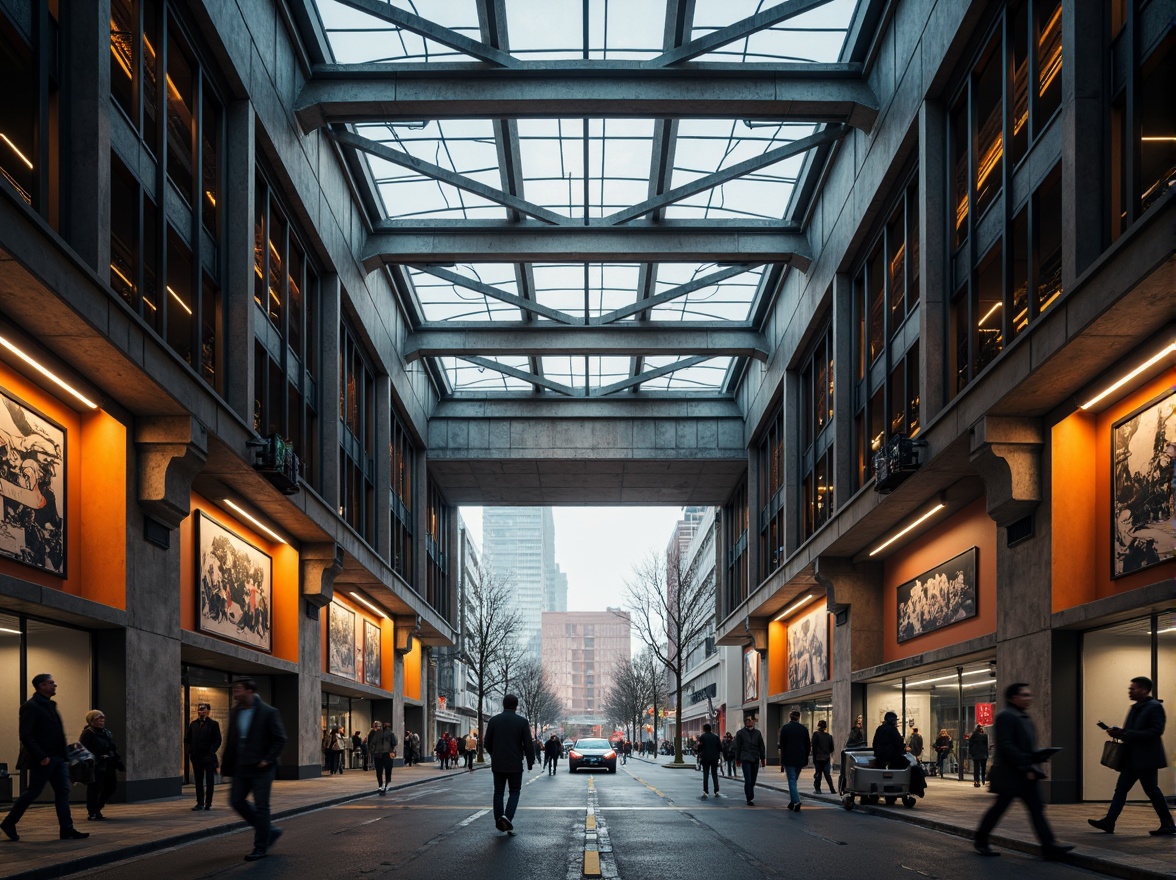 Prompt: Urban metro station, constructivist architecture, angular metal frames, exposed ductwork, industrial-style lighting, bold color scheme, geometric patterns, abstract art installations, urban cityscape, busy streets, morning rush hour, soft natural light, high-contrast shadows, 1-point perspective, symmetrical composition, atmospheric mist, realistic textures, ambient occlusion.