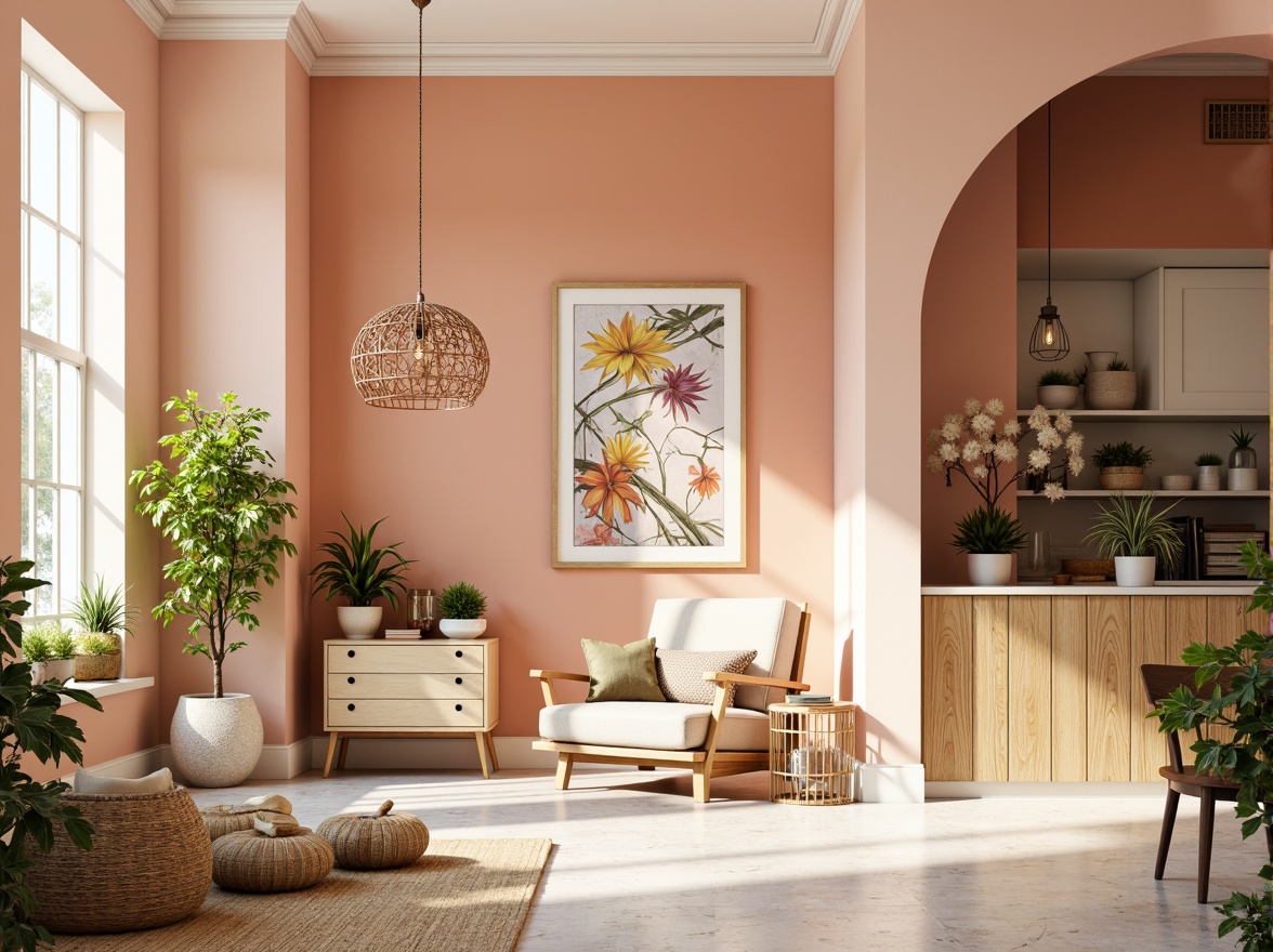 Prompt: Vibrant modern interior, pastel color scheme, soft peach tones, creamy whites, rich wood accents, metallic gold details, geometric patterns, minimalist decor, natural textiles, abundant greenery, warm ambient lighting, 1/1 composition, shallow depth of field, realistic renderings, subtle reflections.