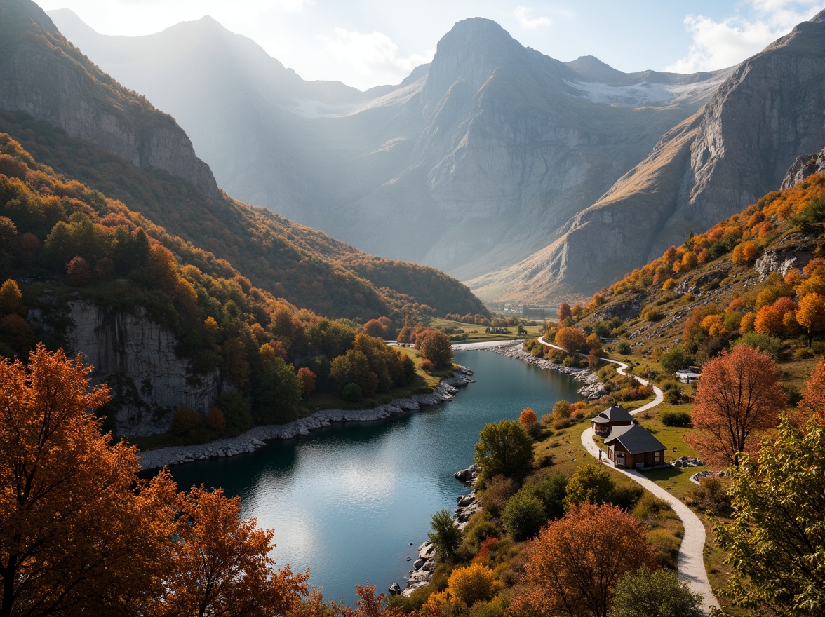 Prompt: Panoramic mountain views, rolling hills, serene lakeside, majestic waterfall, dramatic cliffside, rugged rock formations, winding hiking trails, rustic wooden bridges, vibrant autumn foliage, misty morning atmosphere, soft warm lighting, shallow depth of field, 3/4 composition, realistic textures, ambient occlusion.