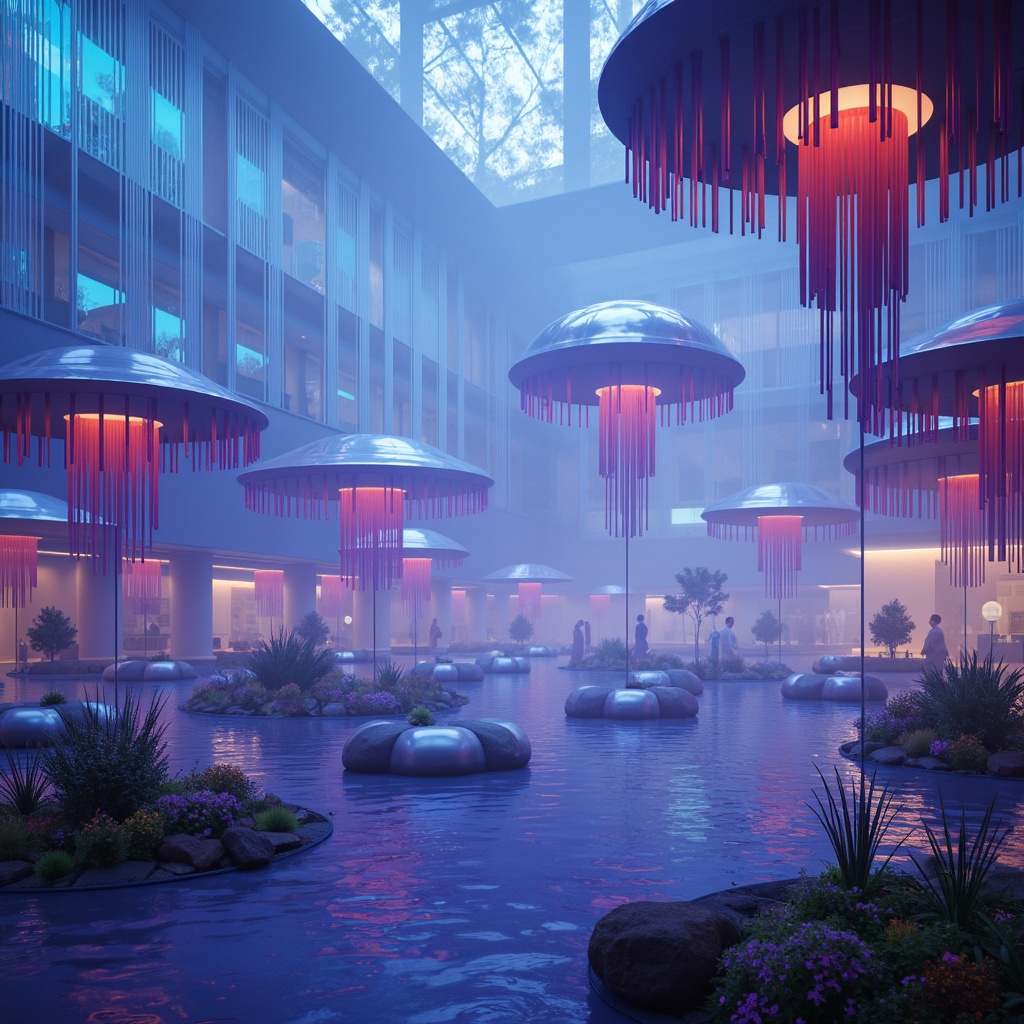 Prompt: Iridescent blob-like structures, translucent membranes, jellyfish-inspired forms, bioluminescent accents, undulating surfaces, amorphous shapes, iridescent materials, holographic effects, neon-lit interiors, futuristic ambiance, zero-gravity environments, extraterrestrial landscapes, misty atmospheres, ethereal lighting, soft focus, shallow depth of field, 1/1 composition, realistic reflections, subtle animations.