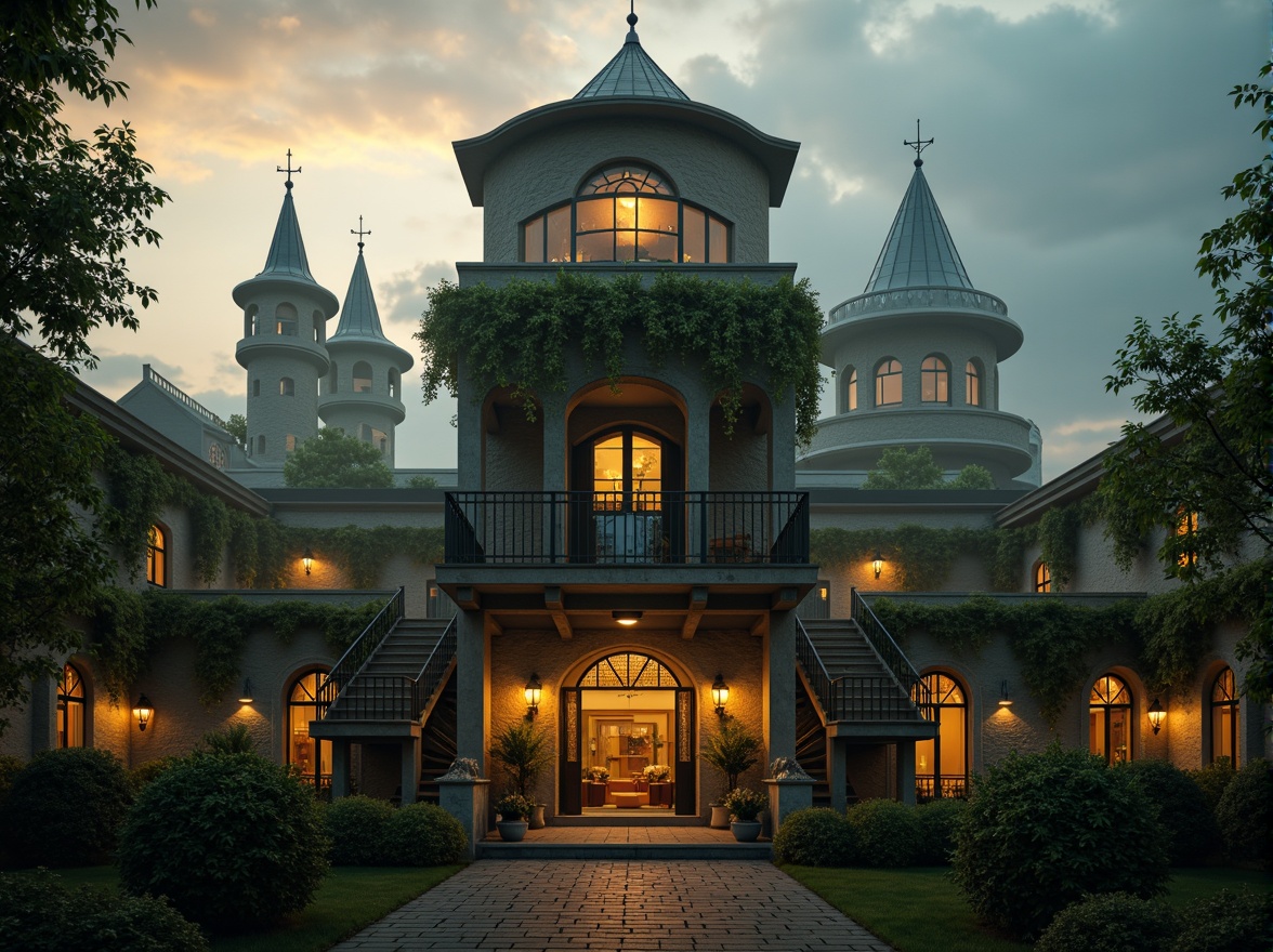 Prompt: Mystical watchtower, medieval architecture, ivy-covered stone walls, Gothic spires, grandeur entrance, ornate iron gates, winding staircases, mystical lanterns, foggy atmosphere, misty dawn, soft golden lighting, warm color palette, dramatic cloud formations, 1/1 composition, symmetrical framing, cinematic depth of field, atmospheric perspective.