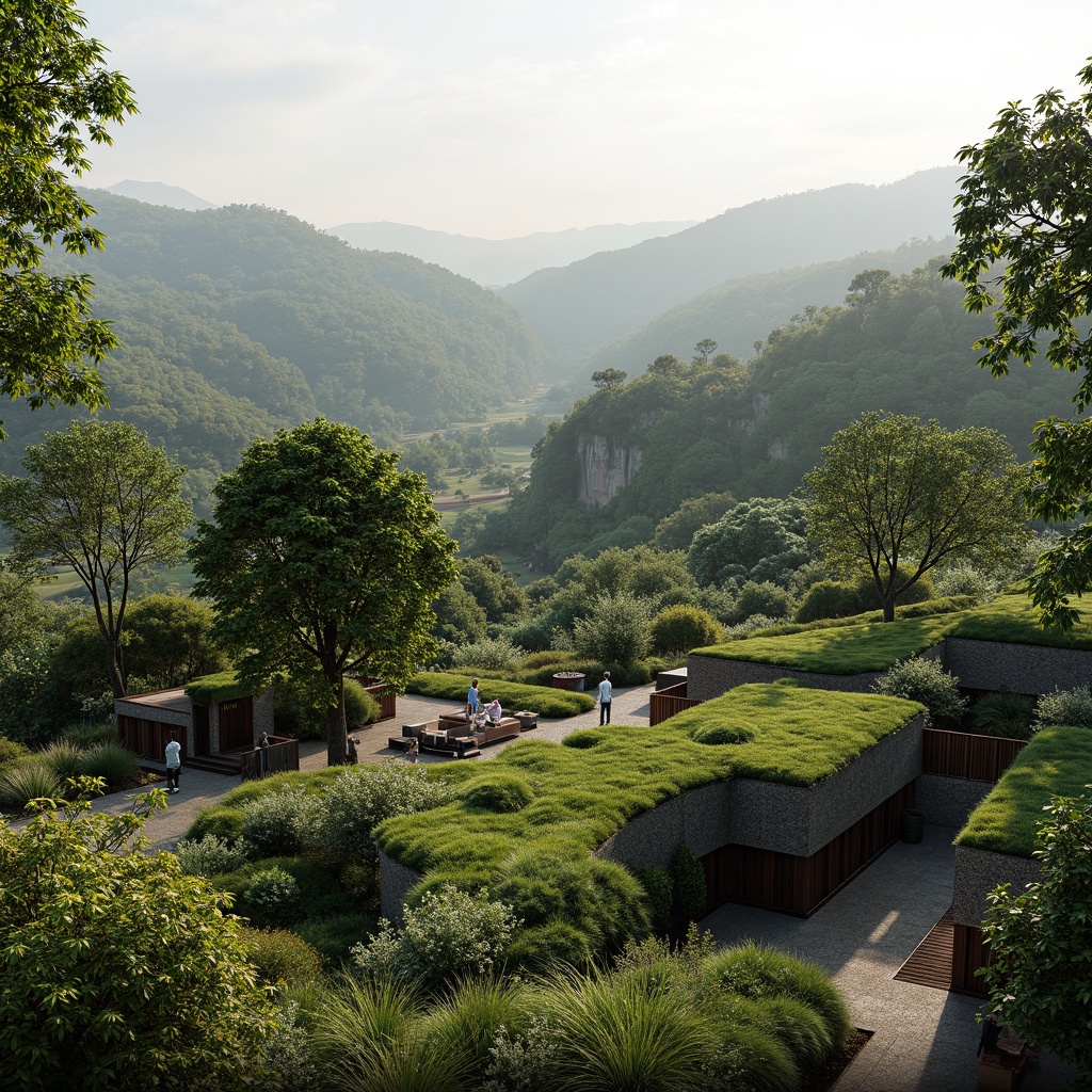 Prompt: Harmonious landscape integration, rolling hills, verdant green roofs, native plant species, meandering walkways, organic building forms, natural stone walls, wooden decks, outdoor seating areas, scenic lookout points, panoramic views, soft morning light, atmospheric mist, 1/2 composition, symmetrical framing, realistic foliage textures, ambient occlusion.