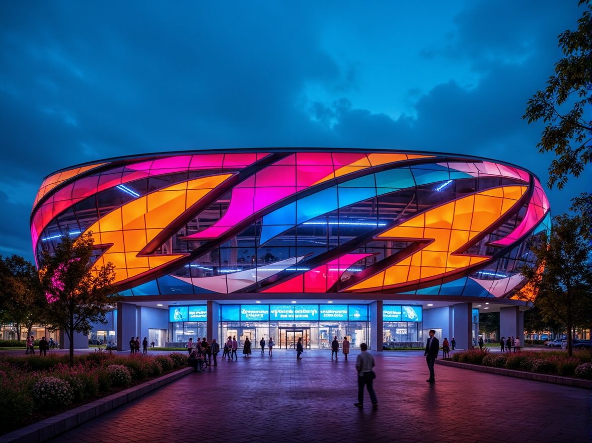 Prompt: Vibrant stadium facade, dynamic curves, bold color blocking, abstract geometric shapes, expressive angular lines, futuristic LED lighting, neon accents, sleek metallic materials, transparent glass panels, cantilevered roofs, asymmetrical compositions, high-contrast textures, dramatic shadows, low-angle photography, cinematic atmosphere, intense spotlights, misty evening ambiance, 1/2 composition, shallow depth of field.